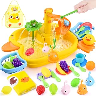 WeeHomm Kids Play Sink with Running Water - Kitchen Sink Toy with Fishing Game, Electric Duck Faucet & Water Slide for Pretend Play