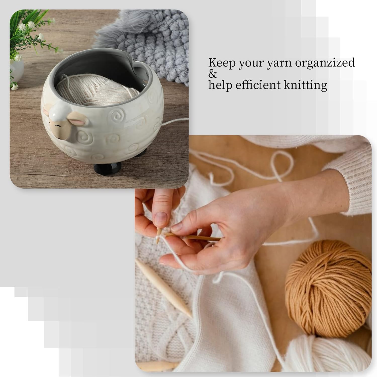 Yarn Bowl for Crochet, Ceramic Sheep Yarn Bowl with Smooth Spiral Outlet for Tangle-Free Knitting, Lovely Sheep Crochet Yarn Holder for Needlecraft & Decoration