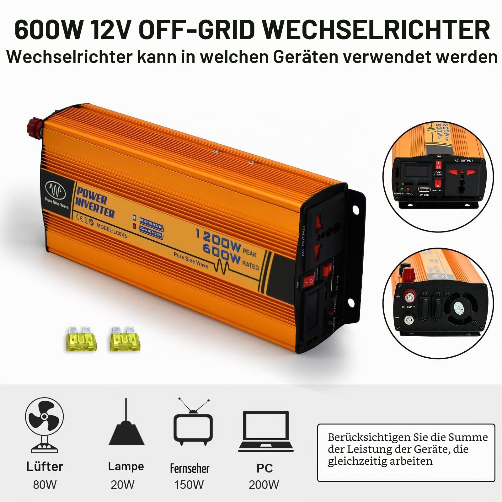 ECO-WORTHY 600W 12V netzunabhängiger Solarwechselrichter DC 12V AC 220V Sinuswelle für Auto Wohnmobil Caravan Camping und Solar System Haus