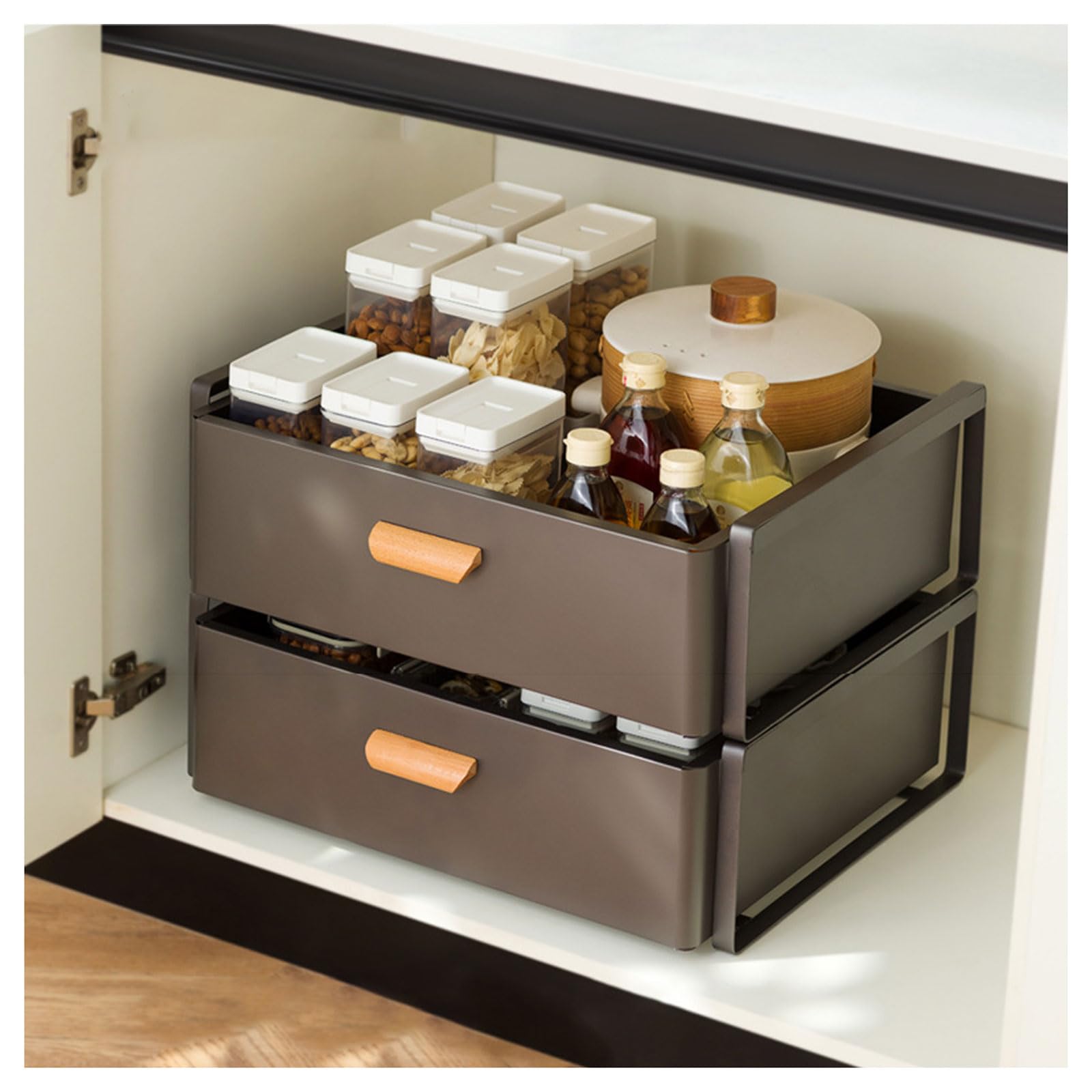 Organizador apilable para una cocina despejada con cajones de almacenamiento