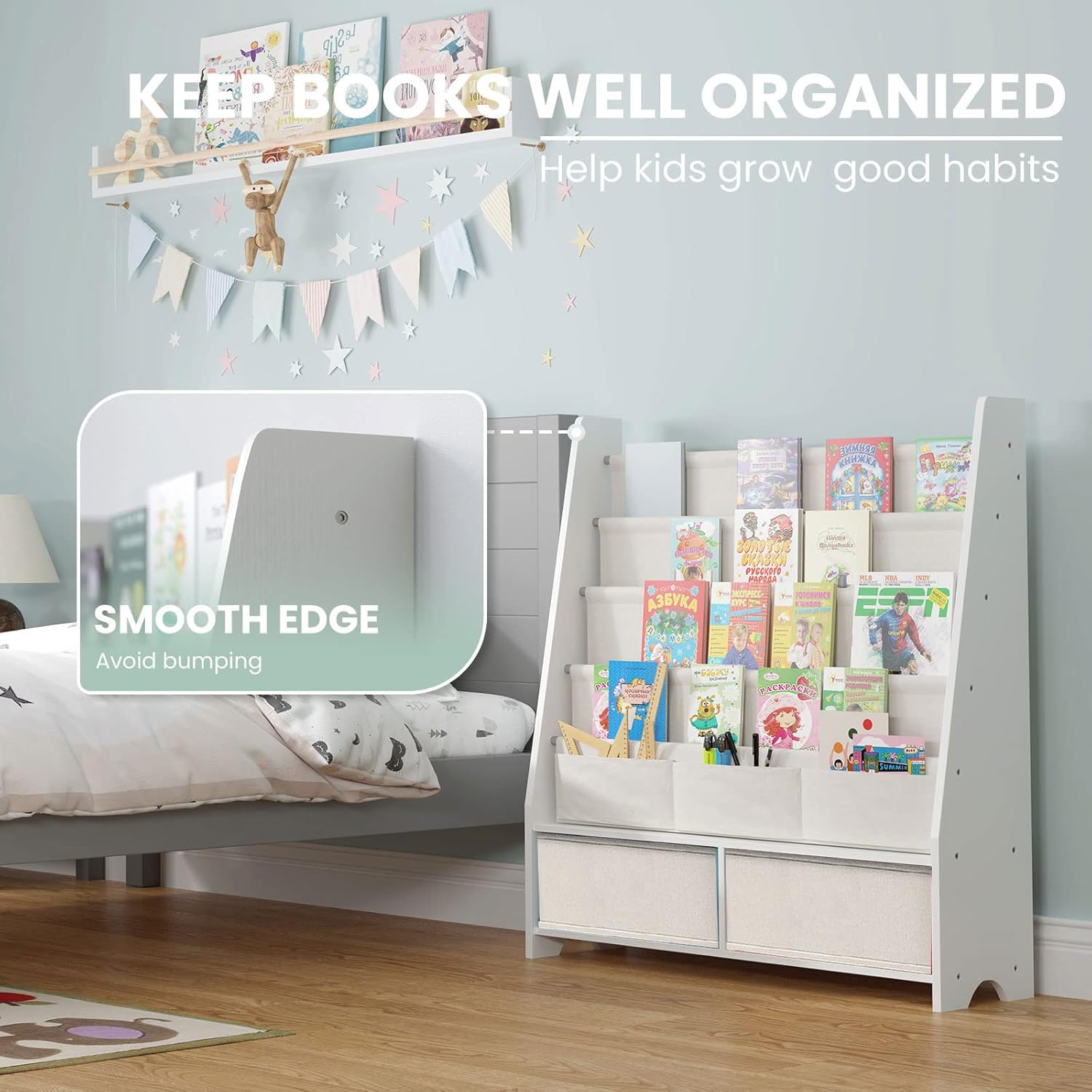 HEYOUTH Scaffale Libri Montessori in Legno Massello con 2 Contenitori e 4 Ripiani Aperti - Mobile Bambini, Libreria con Anti-Ribaltamento 86x70x28cm