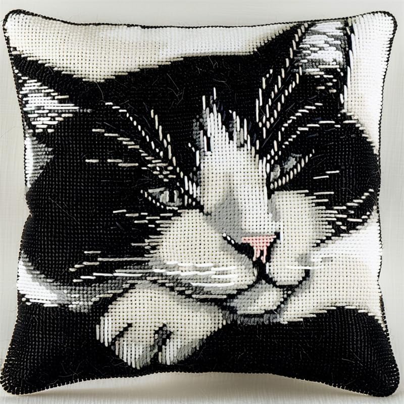 Embroidered Pillow Cases, Animal Cat 11CT Cross Stitch Cushion Cover Embroidery Pillowcases Stamped Cross Stitch Pillow Kits Embroidery Kit Pillow Cases 18x18inch