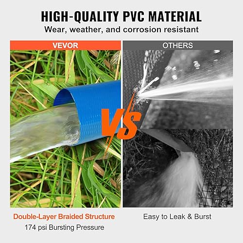 Miniatura 21 de VEVOR Manguera de descarga, 1-1/2 pulgadas x 100 pies, manguera plana de tela de PVC, manguera de drenaje resistente con abrazaderas, resistente a