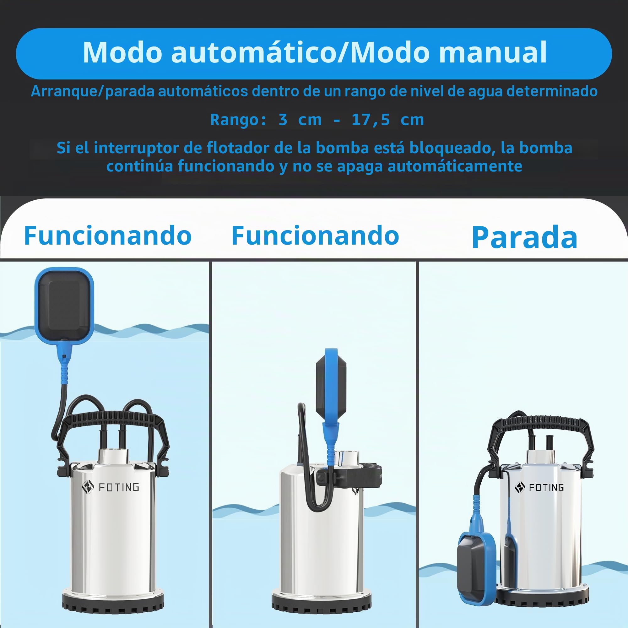 FOTING Bomba de agua Sumergible 400W, capacidad de 8.250 l/h, Altura máxima de suministro 7 m, inmersión máx. 7 m, interruptor de flotador, nivel mín. 7 mm, para jardín y depósitos