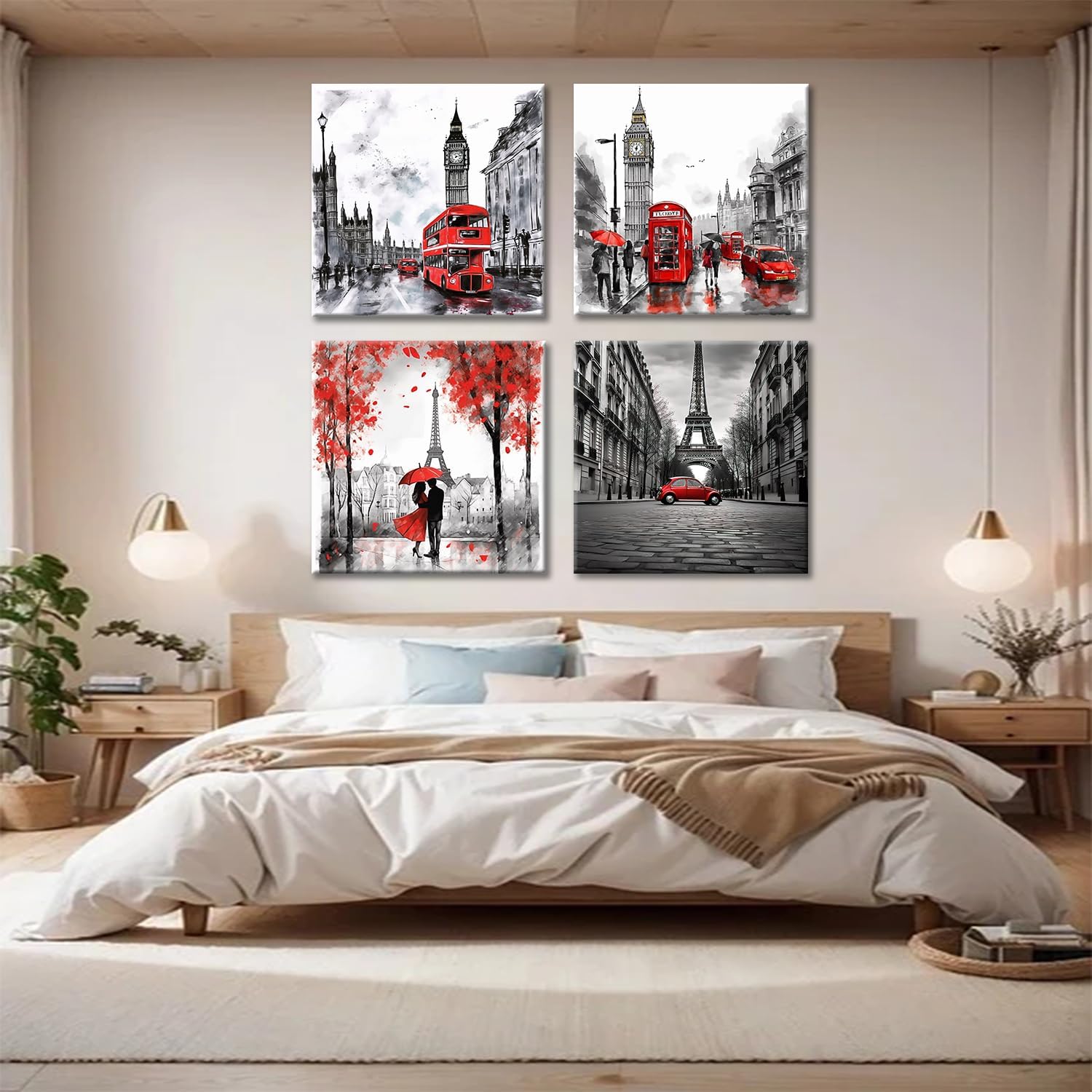 Cityscape Wall Art Black White and Red Couple with Umbrella Canvas Print Bus in the Street Painting Famous Landmarks Canvas Artwork for Bedroom Living Room Decor Set of 4(Artwork-02, 12"x12")
