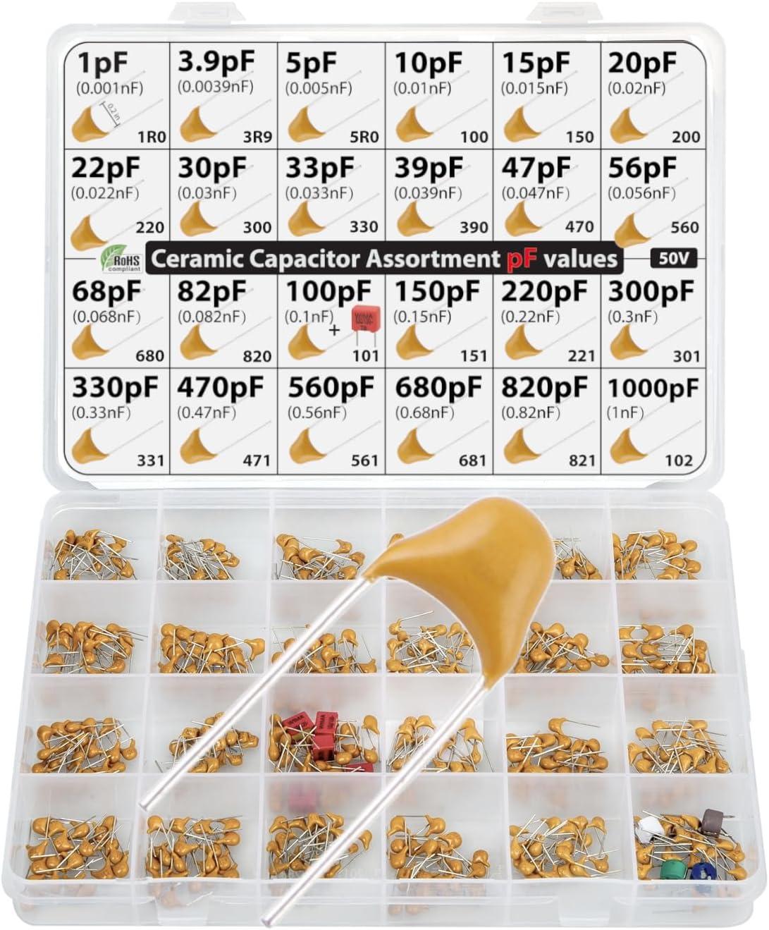 pF Values - Box Capacitor Kit Assortment 485 pcs 24 Values, All pF: 1pF, 3.9pF, 5pF, 10pF, 15pF, 20pF, 22pF, 30pF, 33pF,39pF, 47pF, 56pF, 100pF, 150pF, 220pF, 330pF, 470pF 560pF 680pF 820pF 1000pF