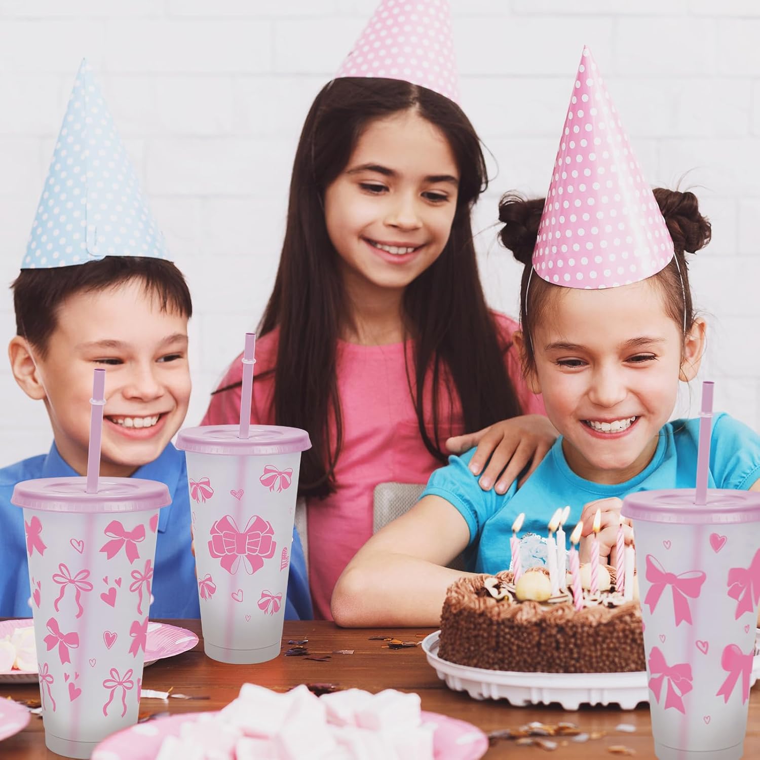 Cinrobiye 24 Set Pink Bow Tumbler Cups with Lids and Straws Pink Bow Plastic Cups 24 oz Reusable Drink Cup Bulk for Women Gift Birthday Bachelorette Wedding Bridal Baby Shower Party Decor - Image 6