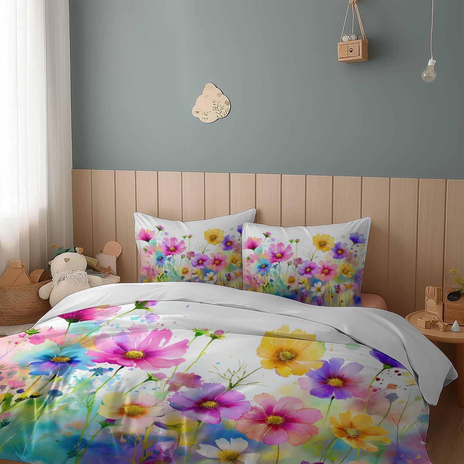 Akwarela Pokojowa Poszwa na kołdrę 200 x 200 cm, rośliny stokrotki dzikie kwiaty biała łąka, 3-częściowy zestaw pościeli z 2 poszewkami na poduszki, zamek błyskawiczny i ochrona przed ścieraniem dla