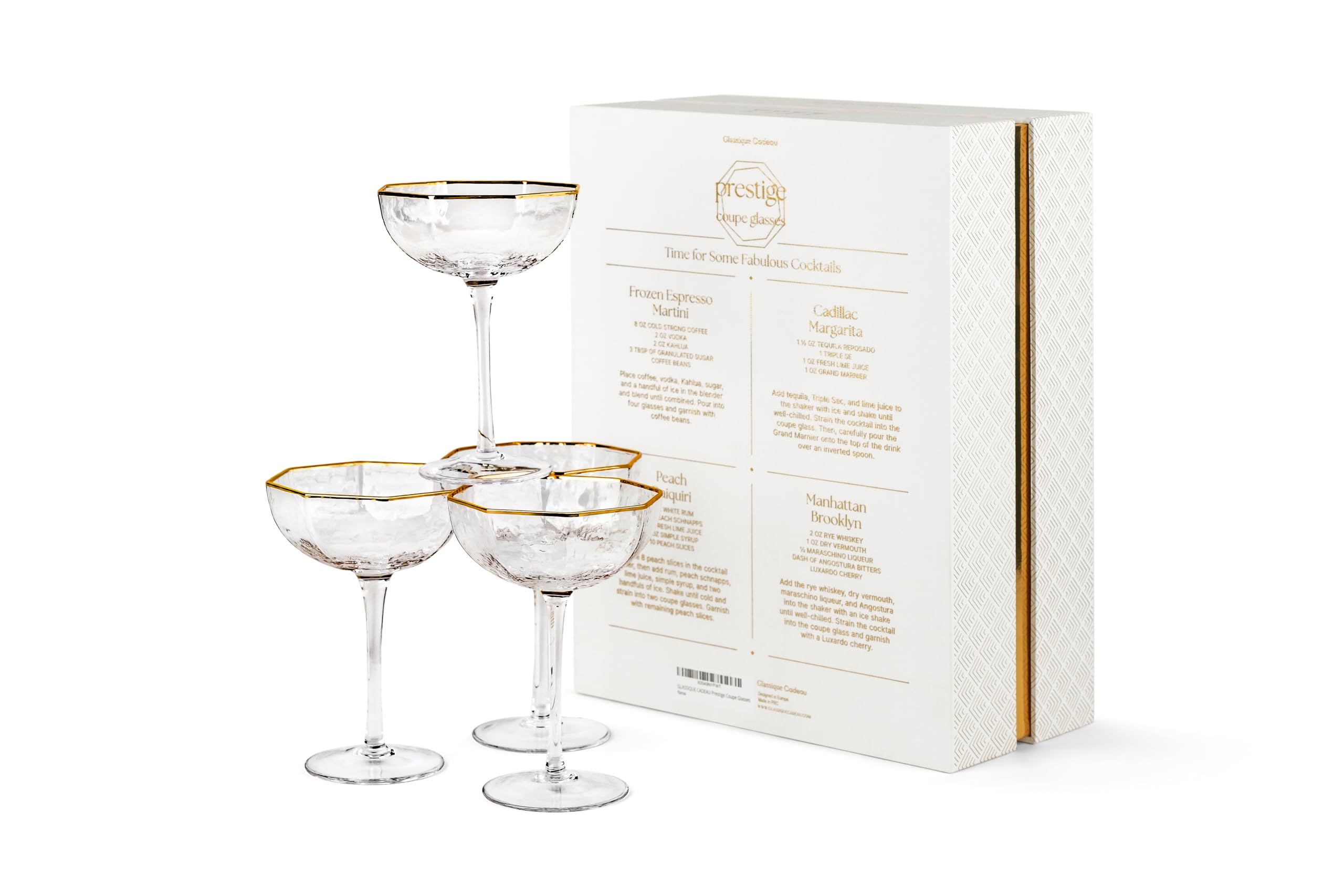 Petits Coupes à Cocktail Prestige avec Bords Dorés | 150 ml | Lot de 4 | Verres à Pied Longs Octogonaux en Cristal pour Champagne, Espresso Martini, Daiquiri, Gimlet, Cosmopolitan