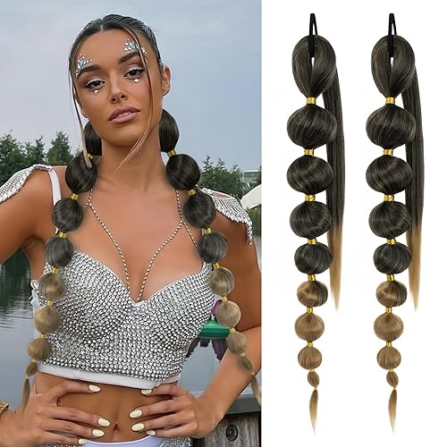 Benehair Extensión de cola de caballo larga de burbujas para mujer, 34 pulgadas, color negro degradado rubio, cola de caballo afro con banda para el