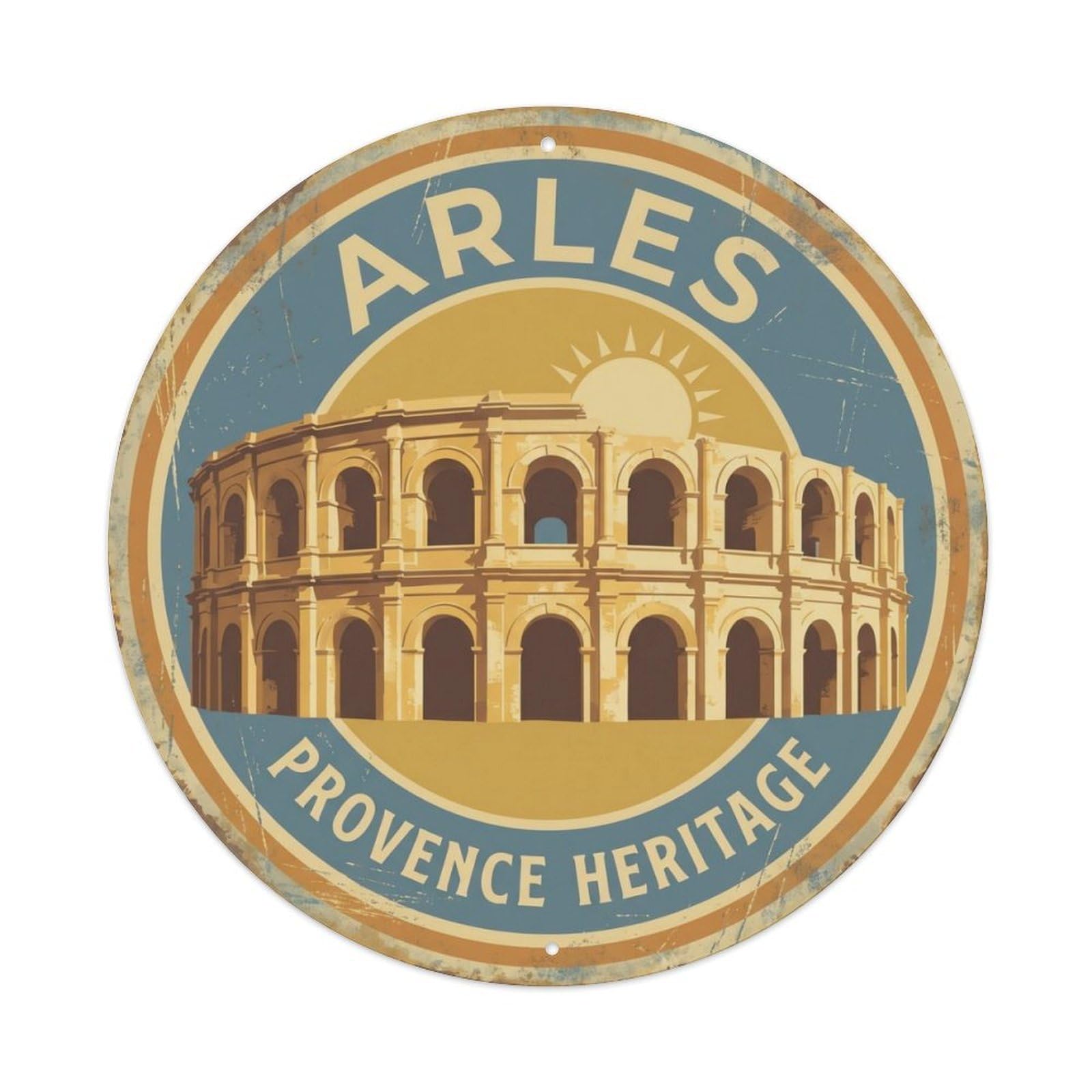 Vintage Travel Arles Amphitheatre France Metal Tin Sign Plaque Wall Decor for Cafe, Club Bar, Office, Home Garden Round Metal Poster 8x8Inch