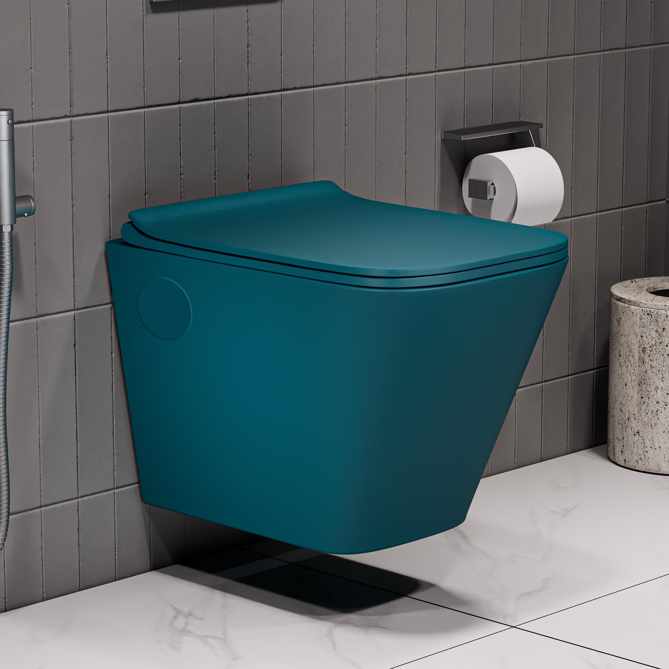 SYON Wall Mounted Rimless Toilet Commode with Soft Close Seat Cover | Space Saving Modern Western Toilet for Bathroom | Ceramic Wall Hung Commode (48 x 34.5 x 36 cm) (Peacock Green)-image-20