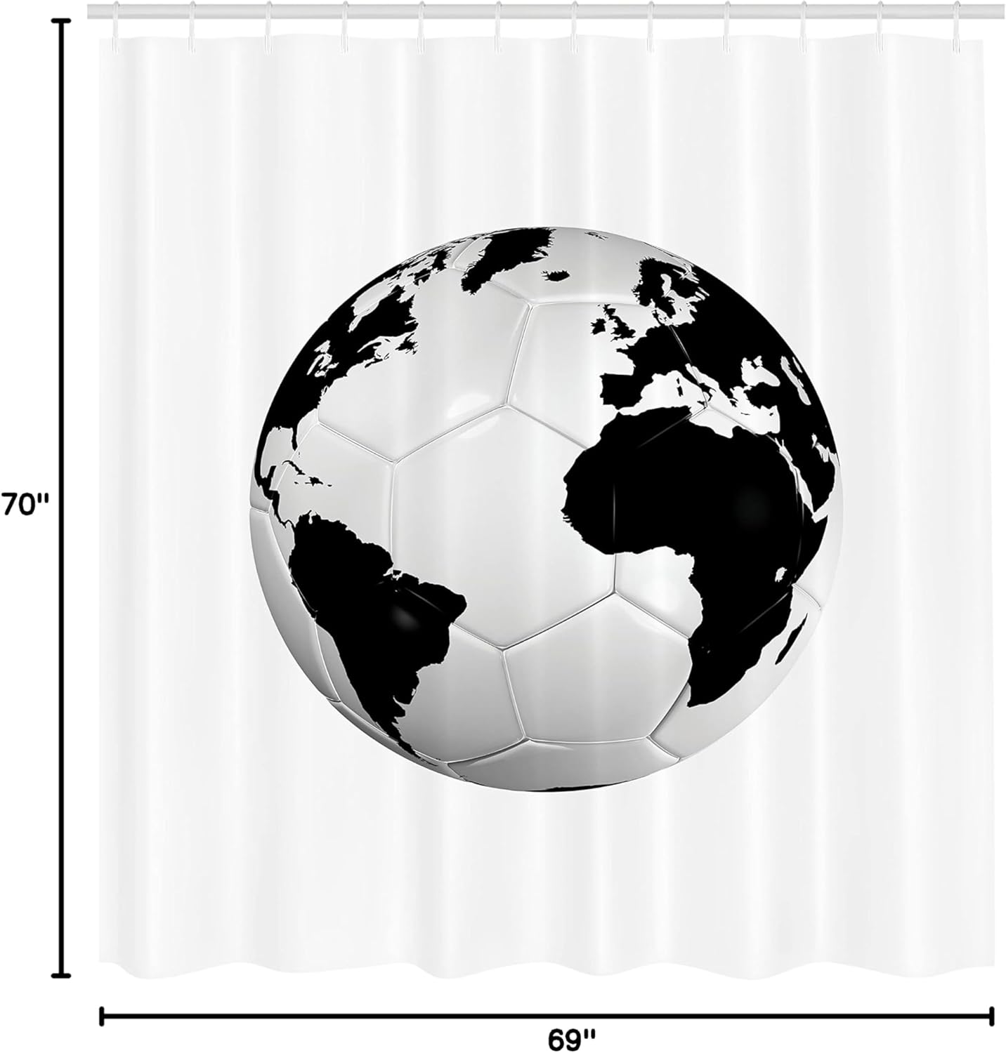 Ambesonne Sports Shower Curtain, Soccer Ball with The World Map Football Cup 2010 Entertaining Professional Game, Cloth Fabric Bathroom Decor Set with Hooks, 69" W x 70" L, Black White