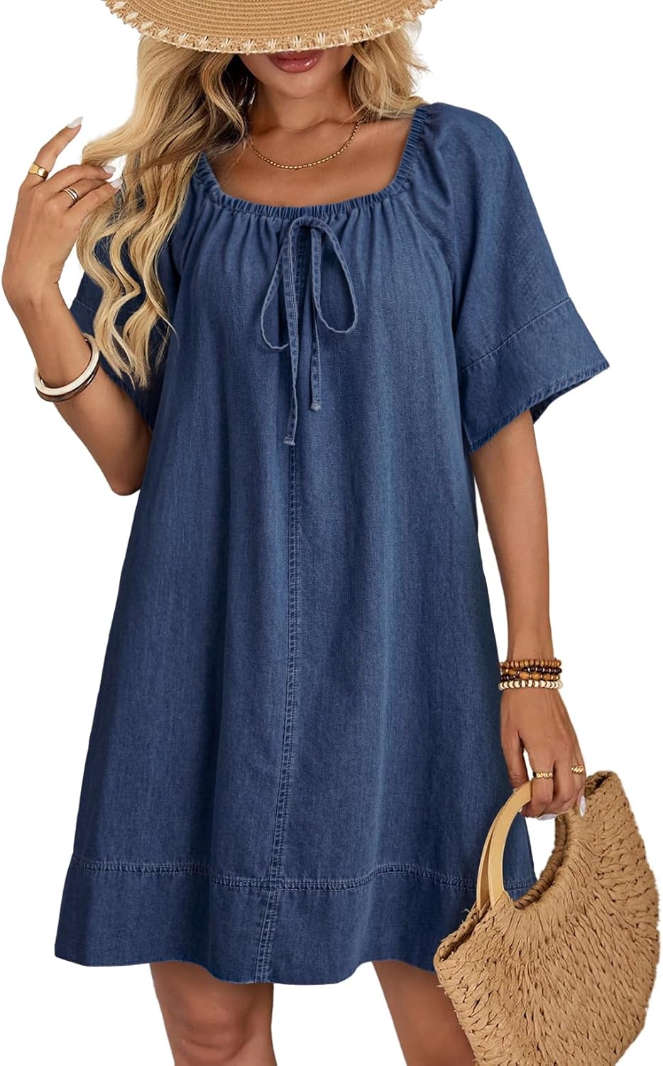 Dokotoo Lightweight Flowy Denim Dress for Women 2026 Square Neck Short Sleeve Dresses Tie Knot Front Cotton Jean Dress