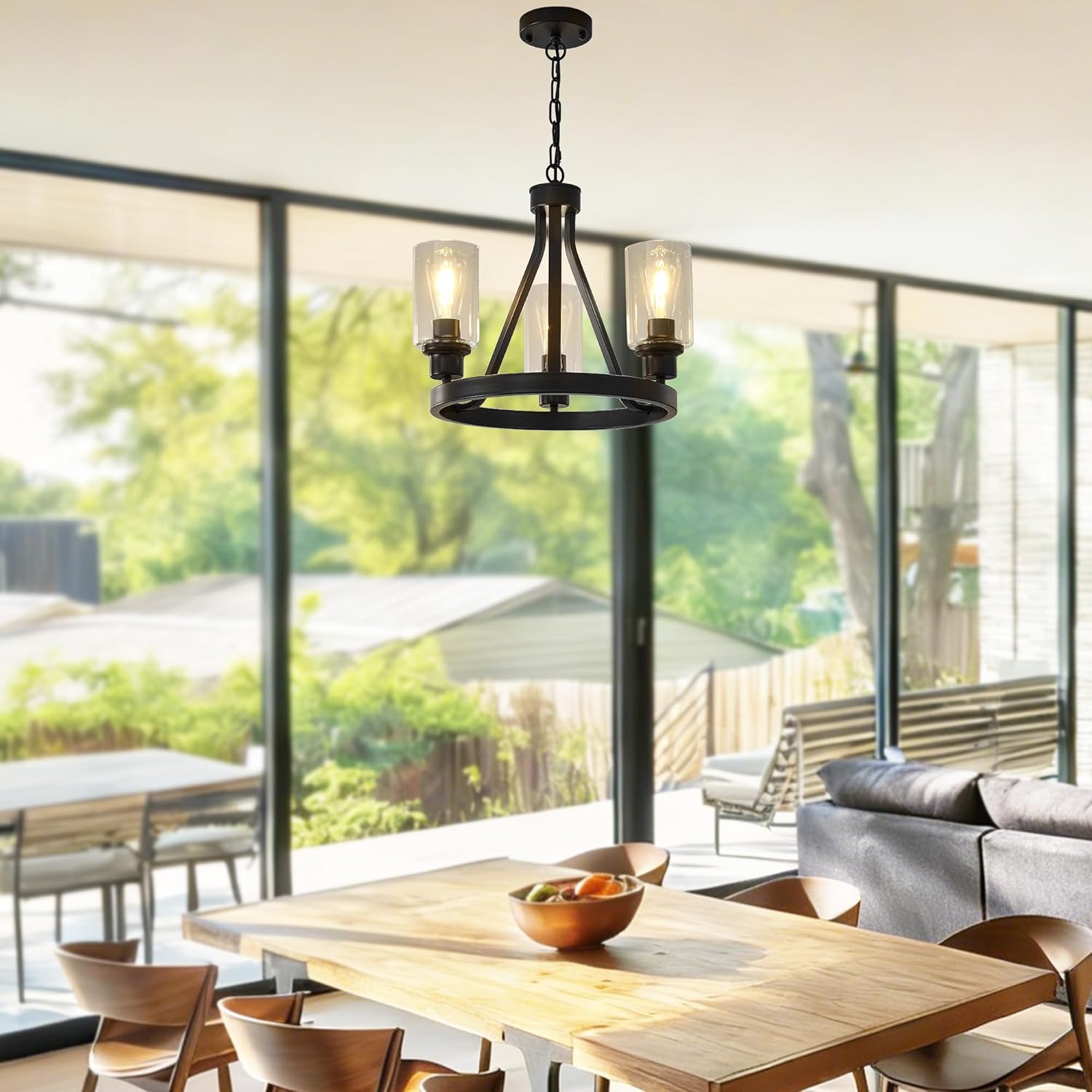 Bronze Chandelier,Farmhouse Chandelier Lighting Round 3 Lights with Glass Shade Ceiling Hanging Vintage Rustic Light Fixture for Dining Room Living Room Foyer Porch Kitchen Island
