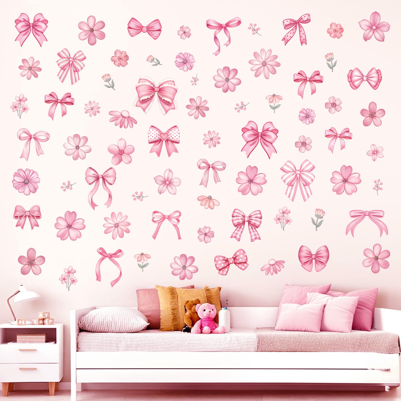 decalmile Pink Flower Bow Wall Stickers Watercolor Bow Knot Wall Decals Baby Nursery Bedroom Girls Room Wall Decor - Image 3