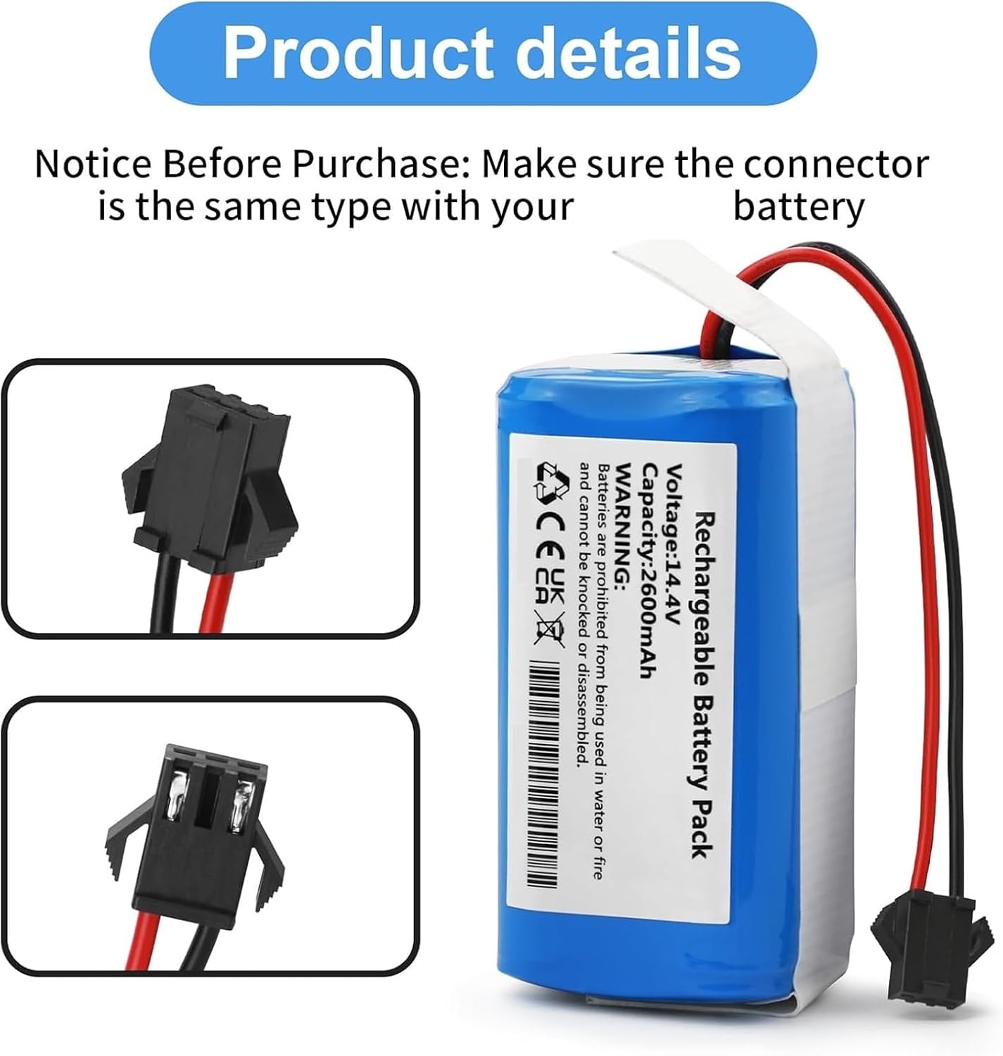 14.4V 2600mAh Battery Replacement, Compatible for HONITURE, G20, Compatible for Ultenic, Robot Vacuum Cleaner Parts