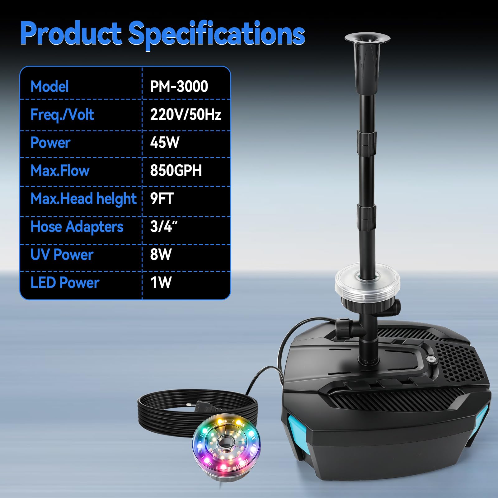 Fontana per laghetto con chiarificatore UV e luci a LED, pompa a fontana da 3300 l/h 45 W e filtro per laghetto, luci con telecomando RGB, ugelli a 3 motivi per la cura del laghetto da giardino
