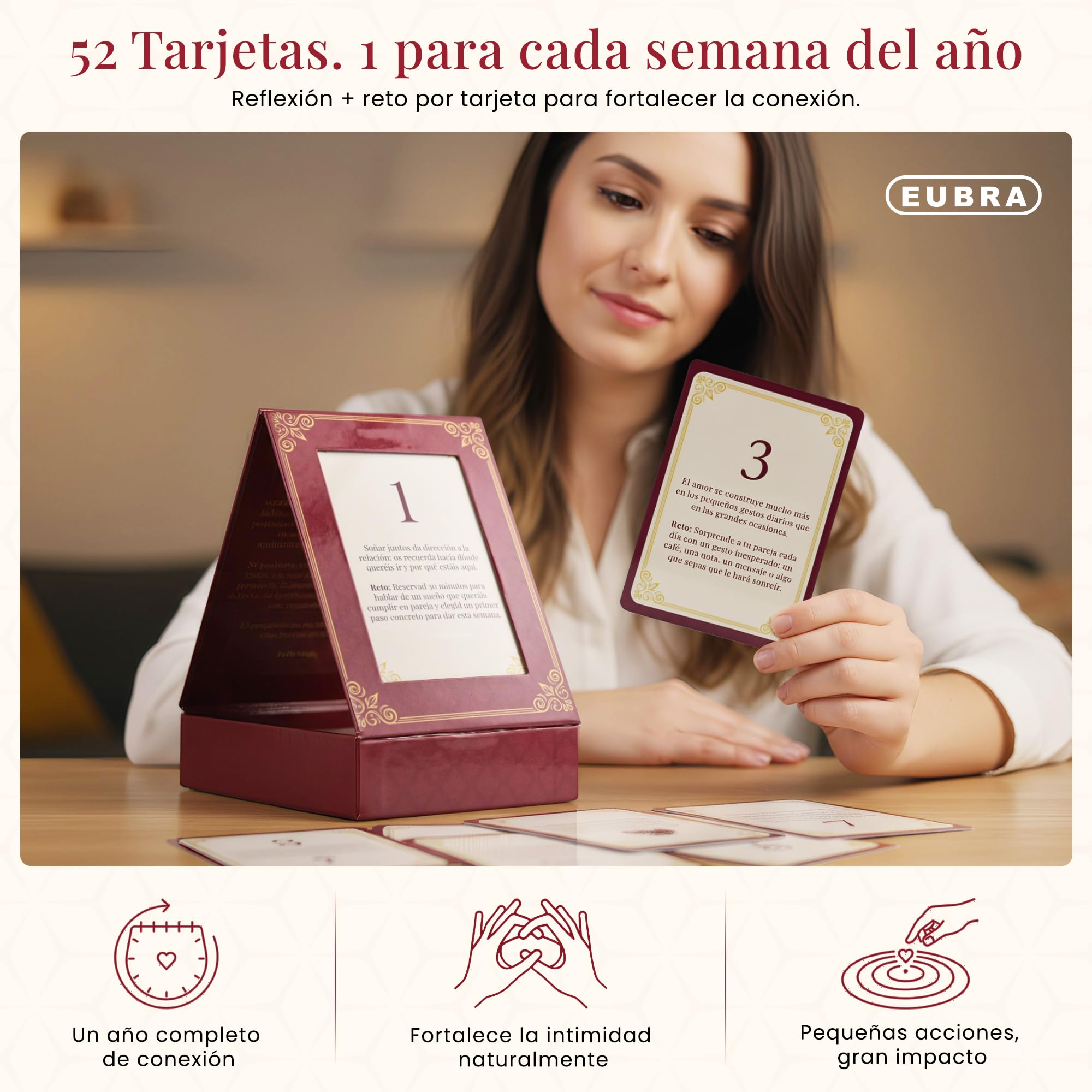 EUBRA 52 Momentos Pareja • Ritual Semanal 52 Tarjetas con Reflexiones y Retos • Caja Atril Decorativa • Regalo Original Aniversario Boda Matrimonio San Valentín Novios Hombre Mujer Amor Conexión — view 2