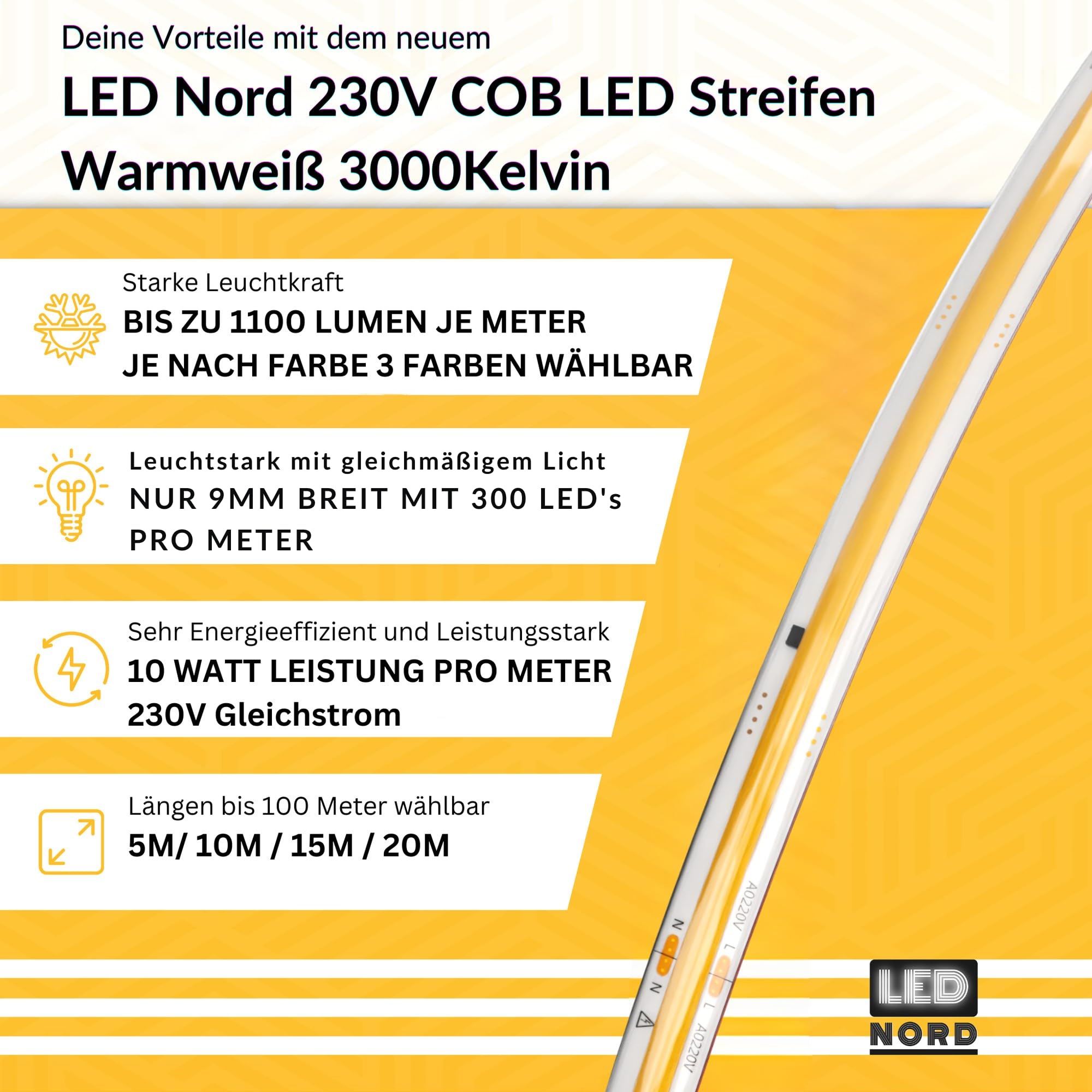 Taśma LED COB 230 V 20 m ciepła biel 3000 K, ściemniana taśma świetlna LED IP67, 10 W/m, do 1100 lm/m, możliwość przycięcia co 12,5 cm, samoprzylepna, do wewnątrz i na zewnątrz