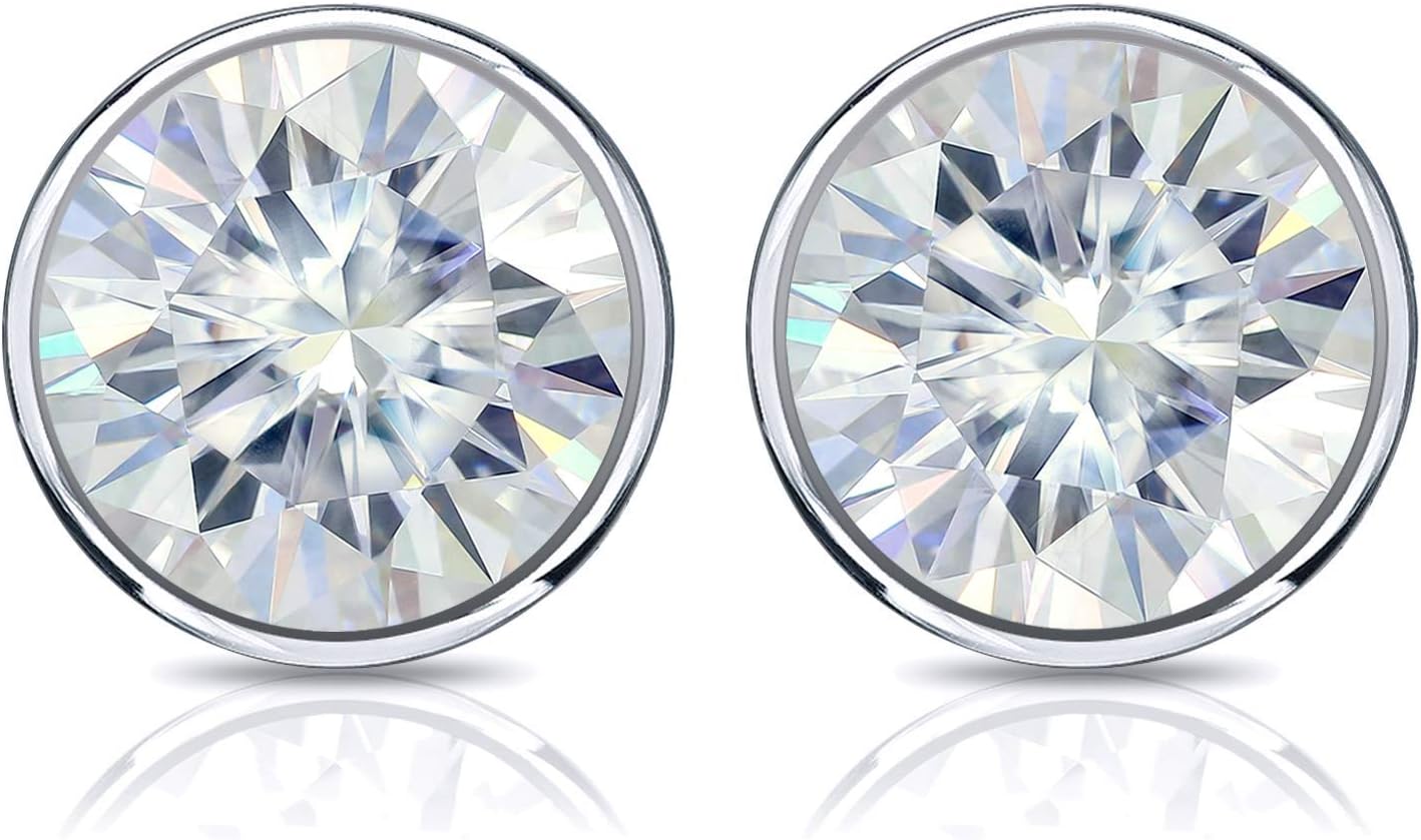 18k Gold Round Moissanite Stud Earrings (1 to 7ct TGW, J-K) Bezel-set, Screw-Back by Diamond Wish