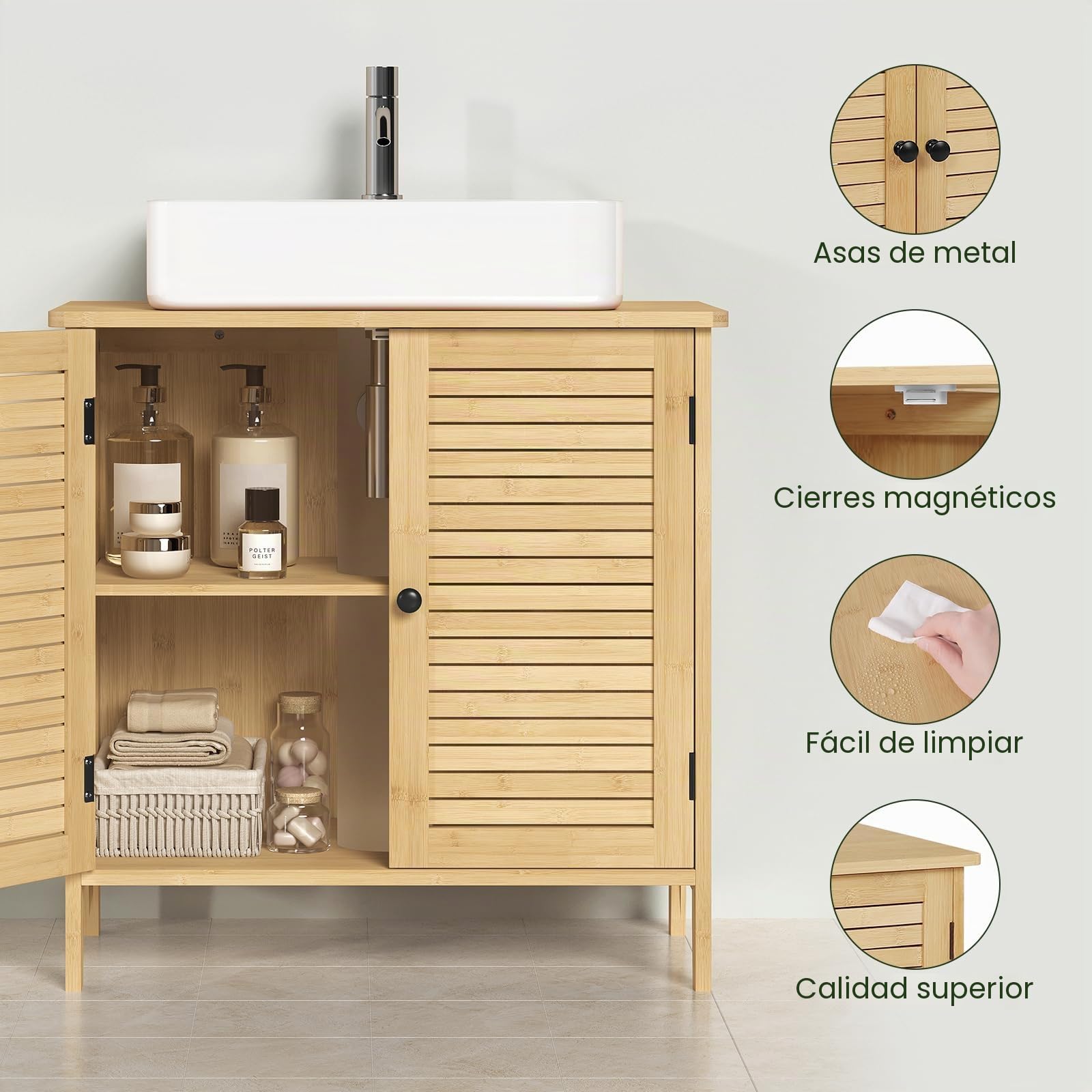 EUGAD Armario de Baño, Mueble de Baño de Bambú, Mueble bajo Lavado, con Puertas de Rejillas, Transpirable y Antihumedad, Recorte 20x10 cm, Estante Ajustable, 60x30x60 cm