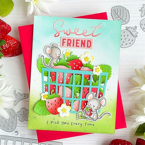 Miniatura 5 de Juego de sellos y troqueles de fresas y ratones para hacer tarjetas, sellos transparentes y troqueles de corte de metal para álbumes de recortes,