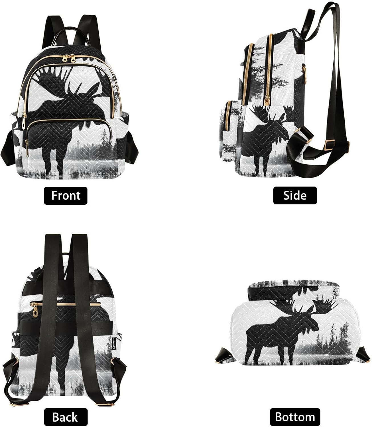 Quilted Fashion Backpack Purse Moose Silhouette Forest for Women, Shoulder Daypacks for Travel M
