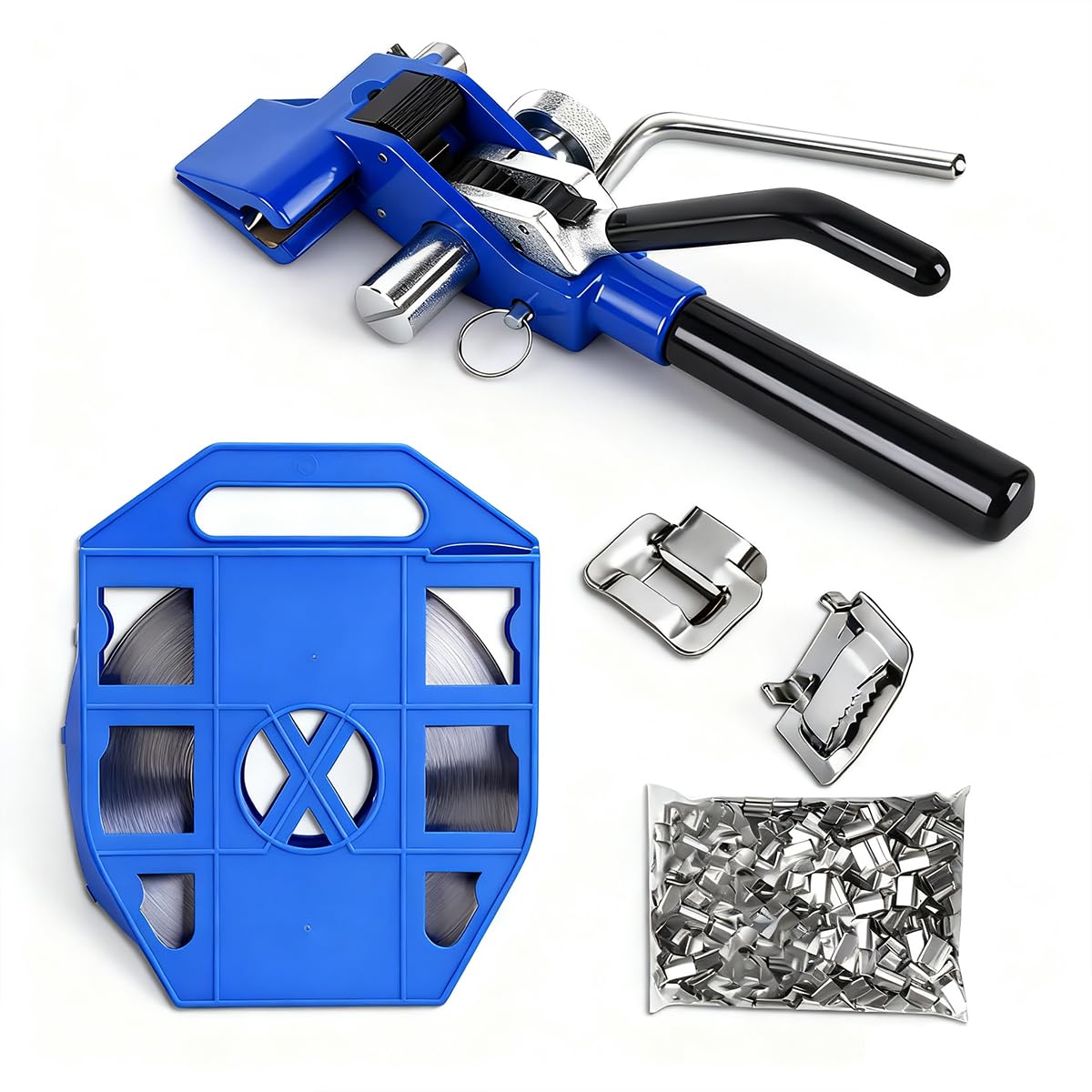 Strapping Kit with Strapping Tensioner Tool,S304 Stainless Steel Strapping,100 ft * 1/2 in W * 0.02 in,Blue Plastic Tray,100 Steel Buckles for High Strength Packaging Strapping Bundle Packaging