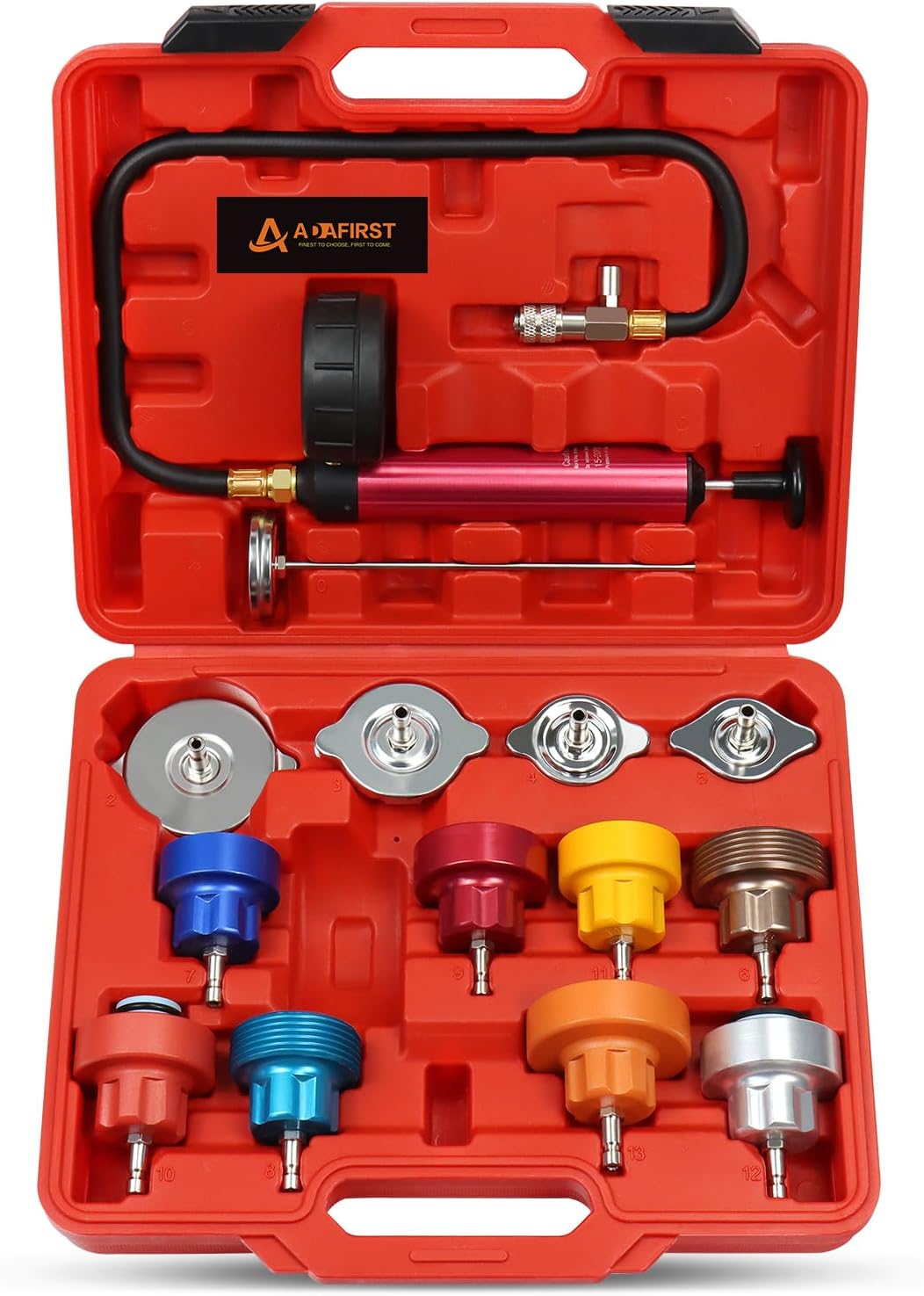 Coolant Pressure Tester Kit, Manual Pump Radiator Pressure Tester and Adapters Work on Cooling System Leak Down Test for Cars Motorcycles Trucks Airlifts, 14PCS Automotive Tools Red