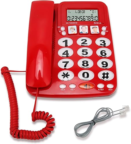 Teléfono estándar con cable, teléfono fijo anciano con pantalla grande, marcado con una tecla, identificador de llamadas, botón grande, alertas