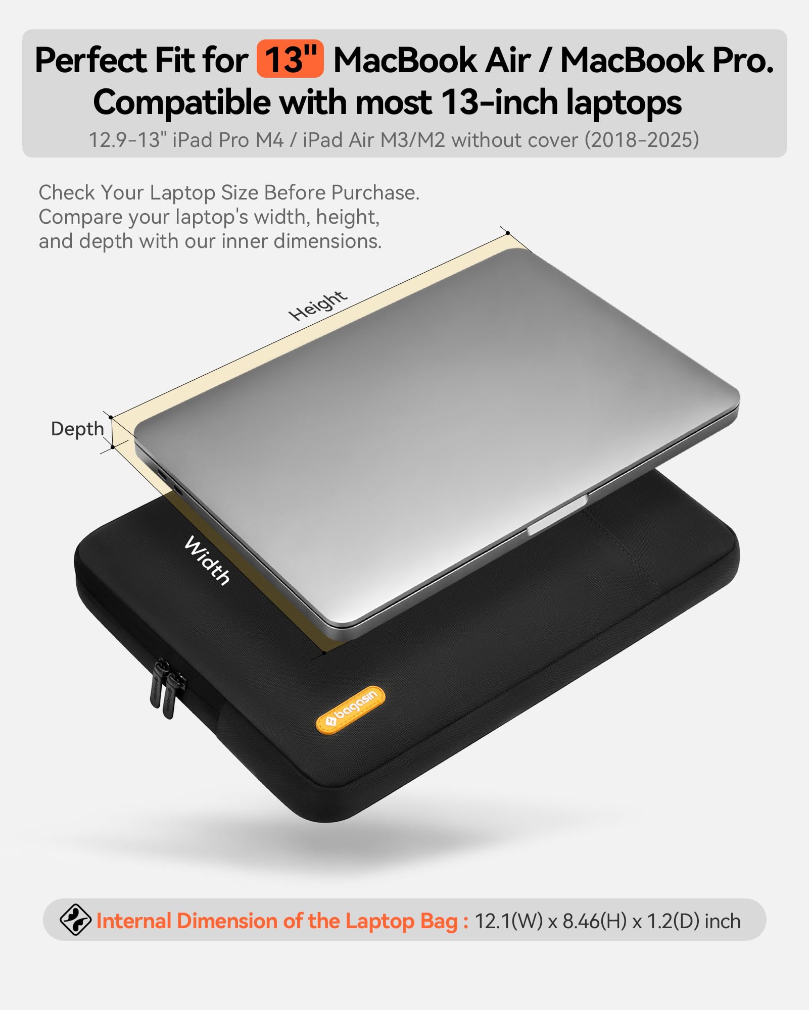 Bagasin Custodia per Laptop 13 Pollici, Sleeve Compatibile con MacBook Air M4 M3 M2 M1 2025–2018 / Pro M2 M1 2025–2016, Borsa Verticale in Poliestere con Tasca – Nero
