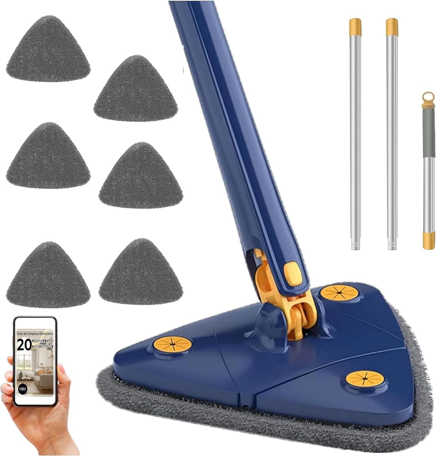 Mopa triangular giratoria de 360º para suelos, azulejos y paredes, fregona autoescurridora con 6 manuales de repuesto y 50 puntas para una limpieza eficiente