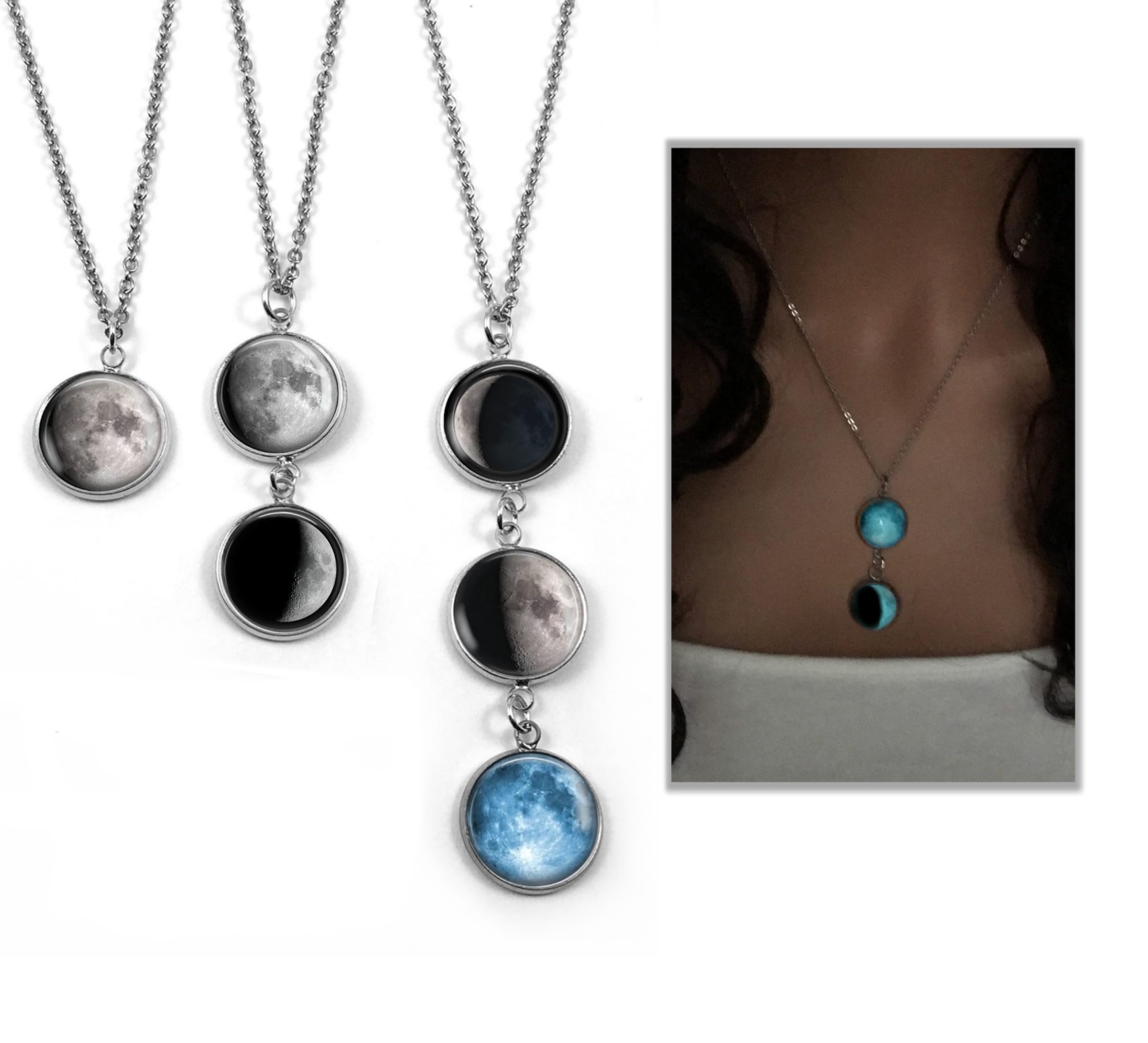 Custom Glow in the Dark Birth Moon Necklace – Personalized Stainless Steel Pendant with 1 to 4 Lunar Phase Charms, Engraved Date Jewelry for Mom, Wife, or Her Gift, Hypoallergenic & Nickel Free