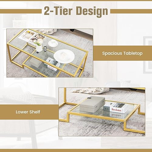 Miniatura 7 de COSTWAY Mesa auxiliar de cristal de 45 pulgadas, mesa decorativa rectangular de 2 niveles con estante de almacenamiento y marco de metal dorado,