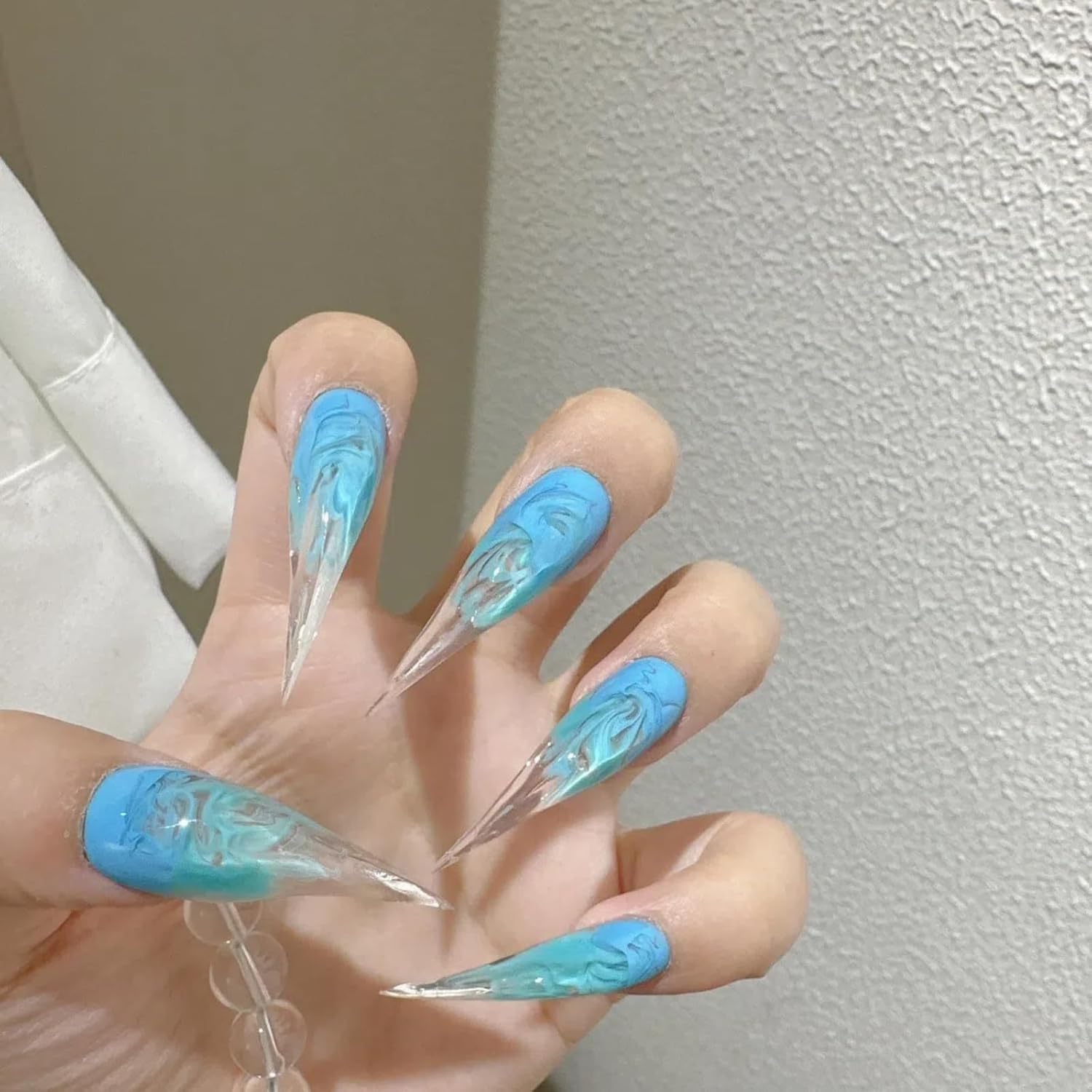 Stiletto Press Claw on Nails Glossy Blue Extra Long Cat Claw Press on Nails Hand-Painted Designs Handmade Eagle Dragon Unique Reusable Fake Nails