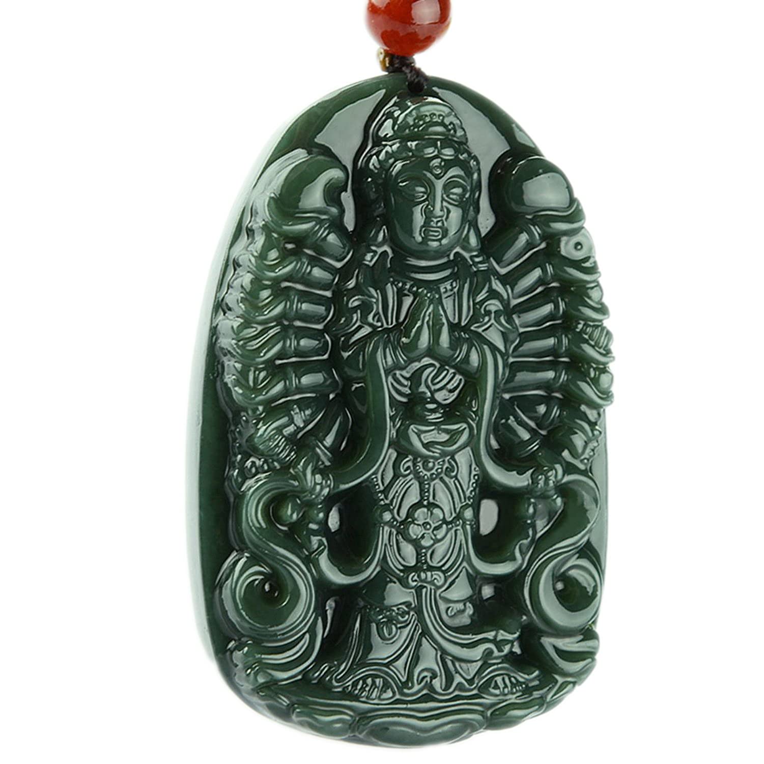 Natural Green jade 1000 Hands Armed Avalokitesvara Kwan-Yin Pendant necklace