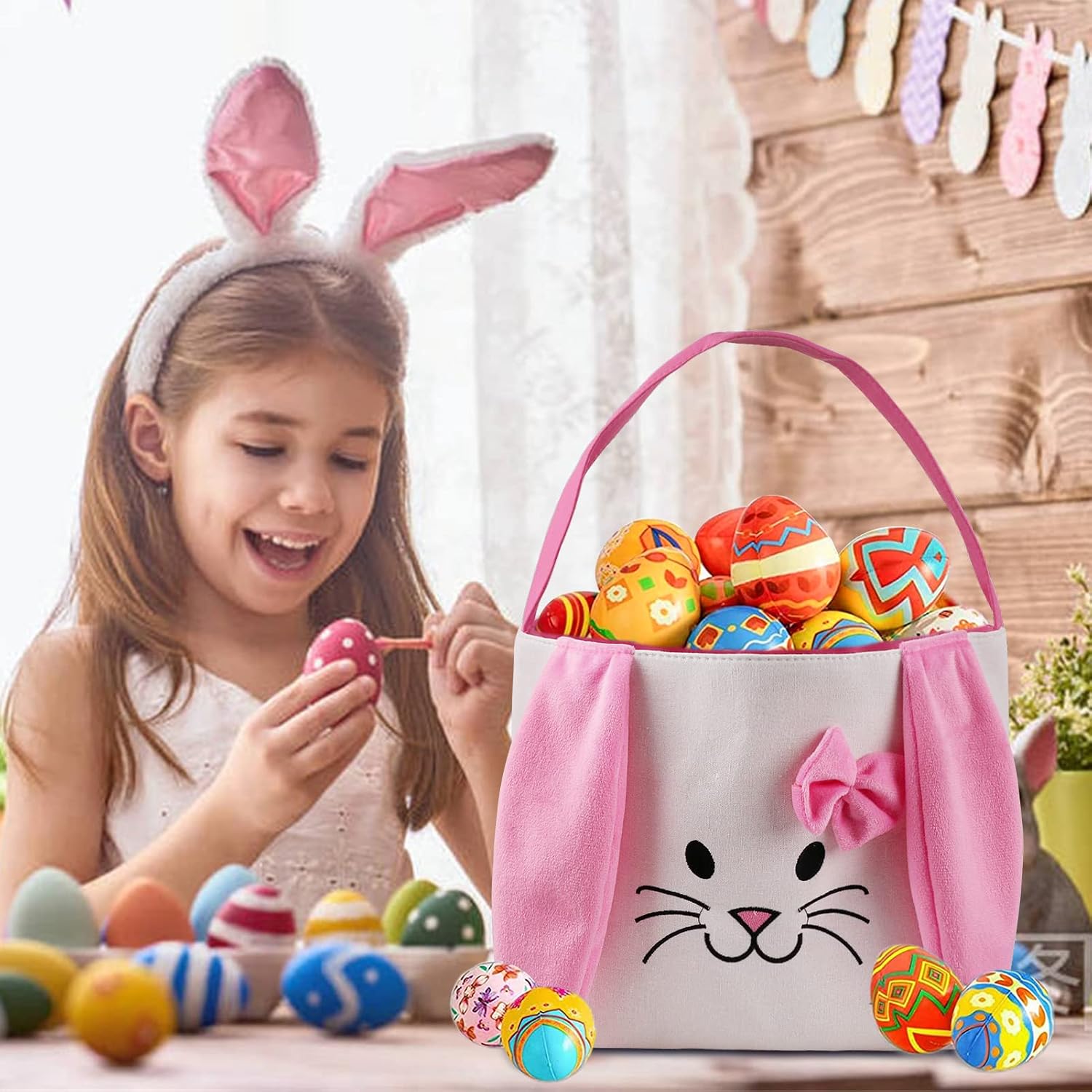 Easter Bunny Baskets for Kids Empty Egg Hunt Bags, Rabbit Buckets with Handle for Carrying Candy Cute Stuffed Easter Festival Gifts(Pink) image 2
