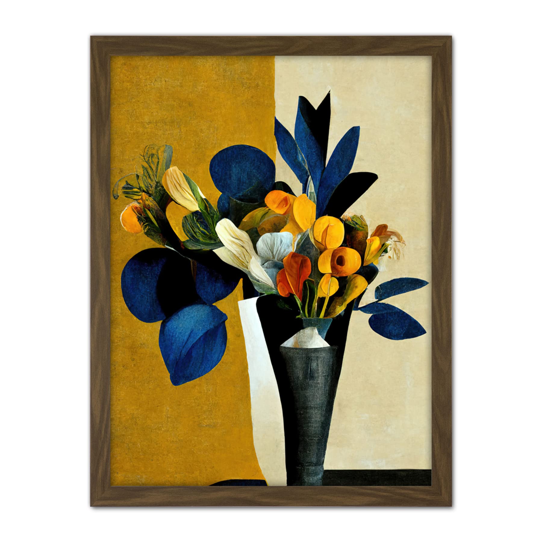 Wee Blue Coo Blue Mustard Ochre Orange Autumnal Abstract Bouquet Flowers Painting Artwork Framed Wall Art Print 18X24 Inch