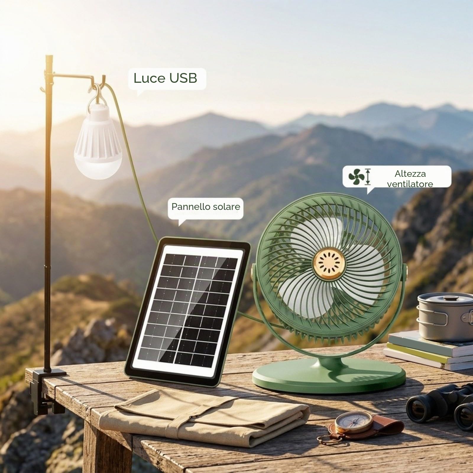HpLive Ventilatore a piantana a energia solare con luce LED e ricarica USB, ventilatore da pavimento regolabile in altezza in ABS, nero e verde, portatile (verde)