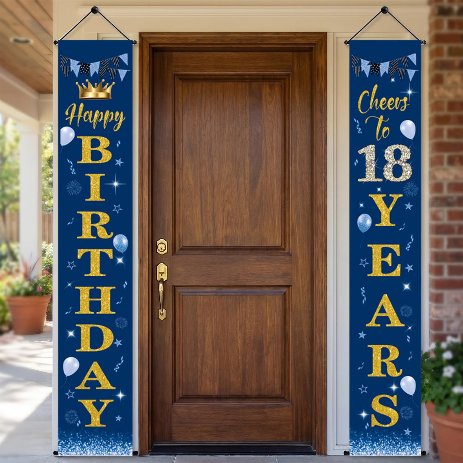 Happy 18th Birthday Banners, Reusable 18th Birthday Door Banner Decorations for Boys Girls, 2Pcs Navy Blue Gold Glitter Crown Door Banner Porch Sign For 18 Birthday Party Photo Booth Backdrop