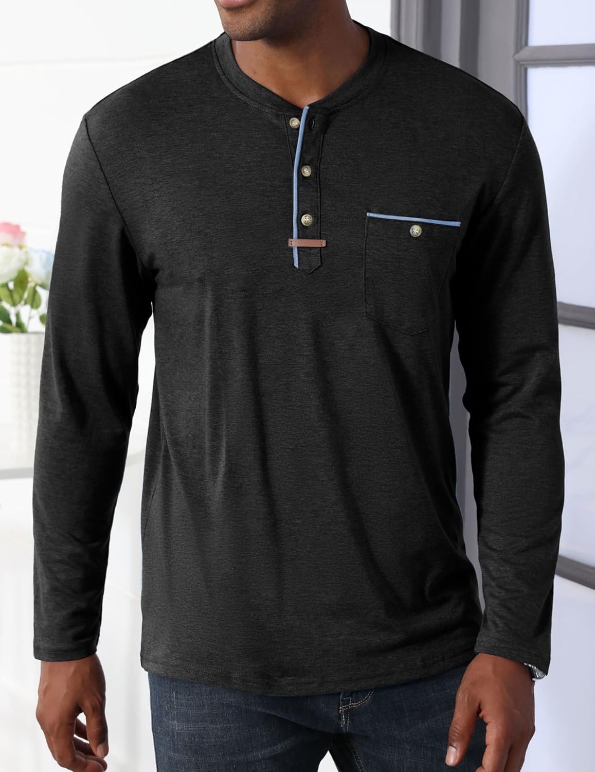 Mens Athletic Henley Shirts Casual Lightweight Long Sleeve Button Pullover with Pocket - Image 4