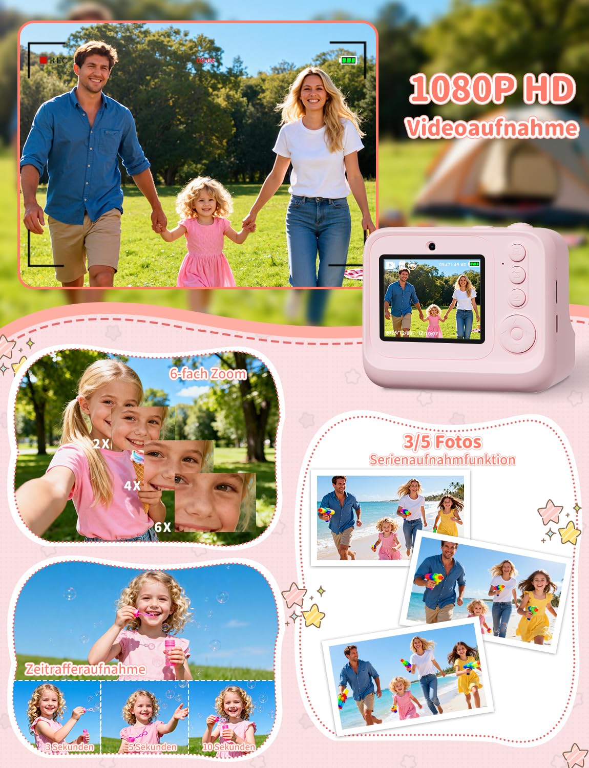 Sofortbildkamera Kinder, 1080P HD 2,4 Zoll Bildschirm Kinderkamera Sofortbildkamera mit 32GB Karte & 3 Rollen Druckpapier, LIORQUE Digital Kamera Kinder Sofortdruck mit 6 Farbigen Stiften (Rosa)