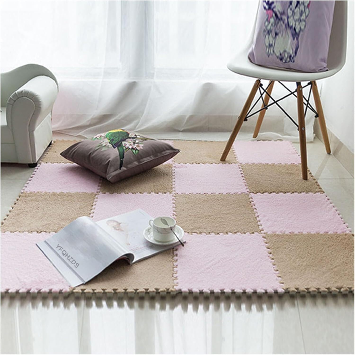 Dalles de Moquette en Mousse emboîtables - Tapis Puzzle de 20 pièces de 30 x 30 cm avec Bordure, Peluche Douce, Marron Clair - Idéal pour Les salles de Jeux d'enfants et la décoration intéri