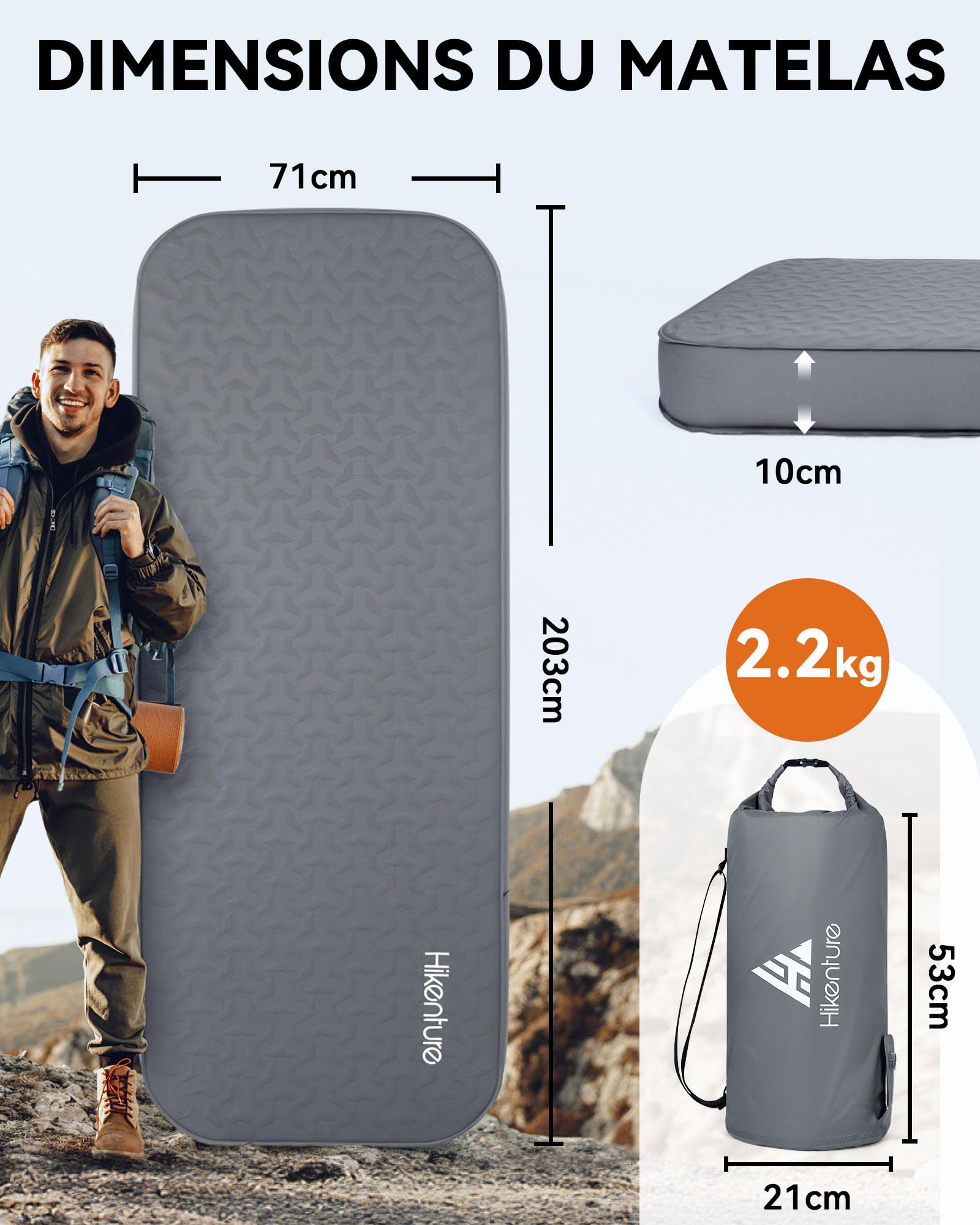 HIKENTURE Matelas Autogonflant avec Pompe Électrique Intégrée - en Mousse | 10cm d'épaisseur - Autogonflage Rapide - Valeur-R 9.5 Haute Isolation - Matelas Camping pour Trekking, Randonnée et Plage