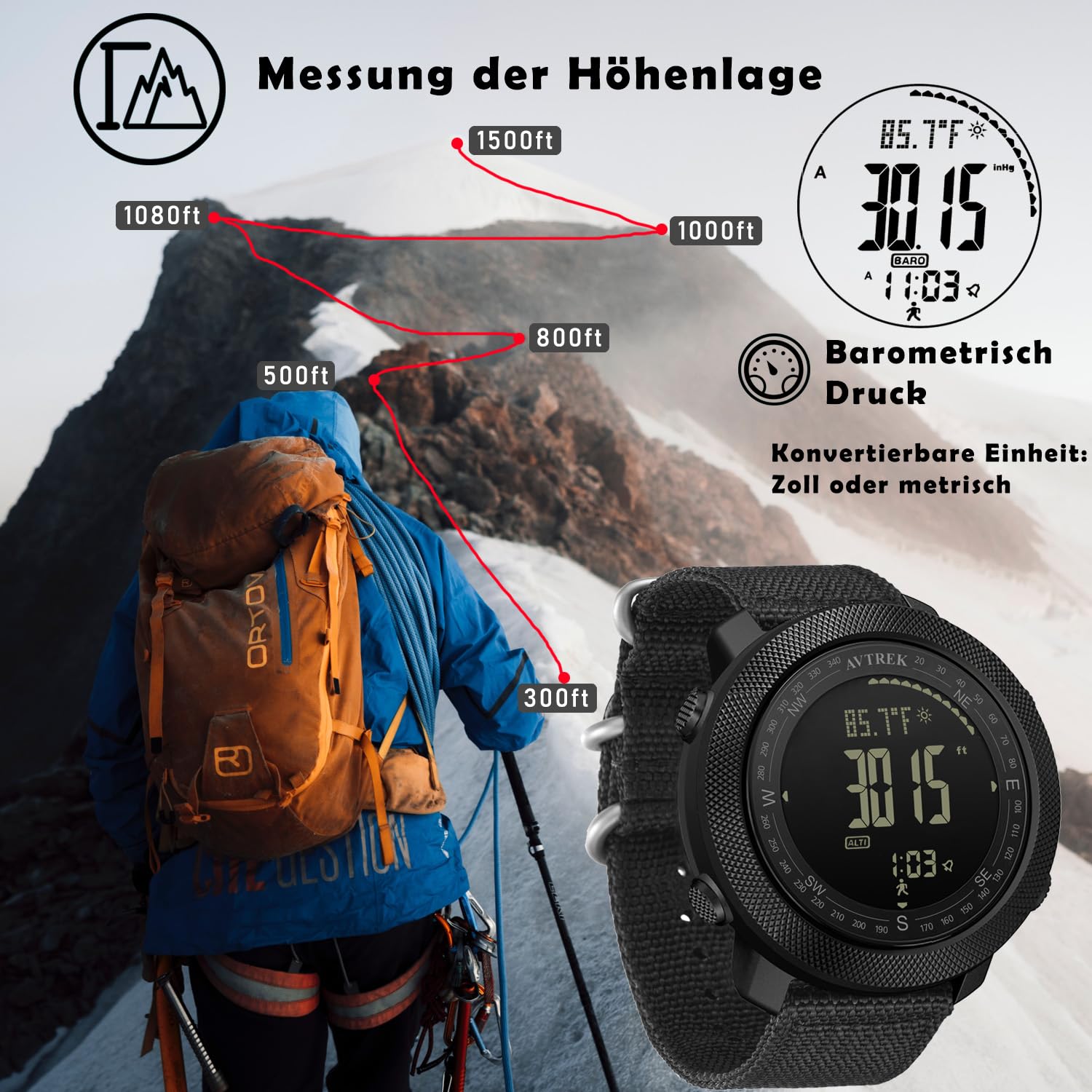 AVTREK Digitale Militär Uhr für Herren,mit Kompass Temperatur Schrittzähler | Sportuhr mit Hintergrundbeleuchtung Alarm,Taktische Überlebensuhren