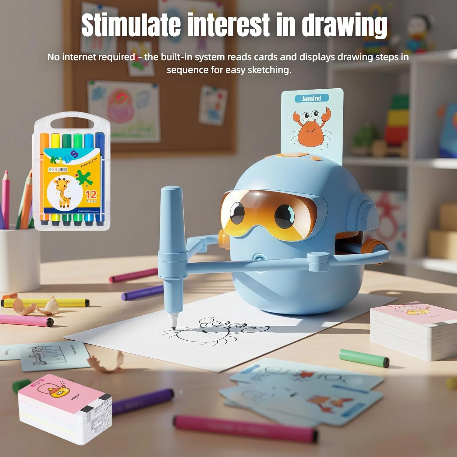 Silanit Automated Drawing Robot with Cards & Templates, Drawing Robot for Kids and Beginner, Reliable Sketch Assistant, Blue