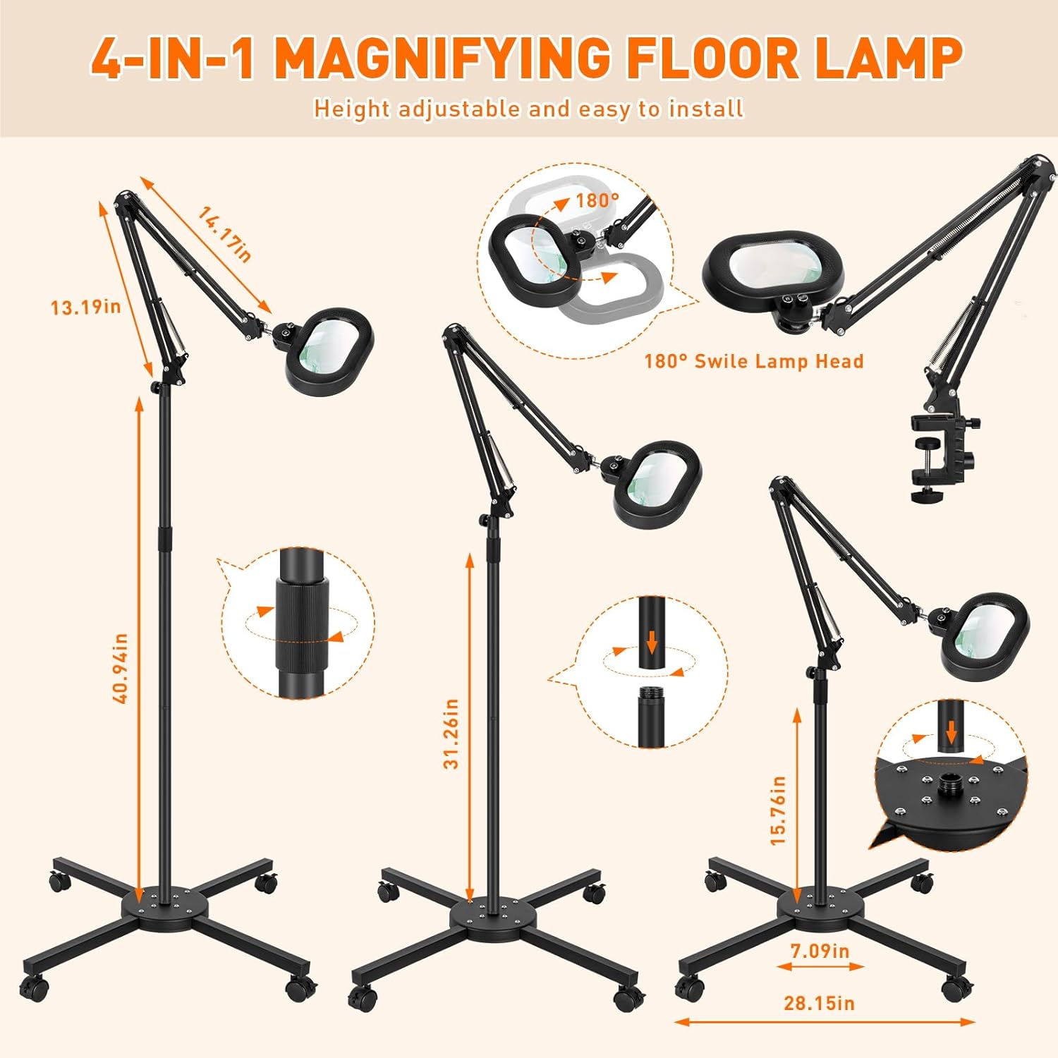 2,200 Lumens, 12X Magnifying Glass with Light and Stand, Floor Lamp with 3-Axis Rotary Head, Mag Lamp for Estheticians Facial Eyelash, Infinite Colors, LED Lighted Magnifier for Craft Painting