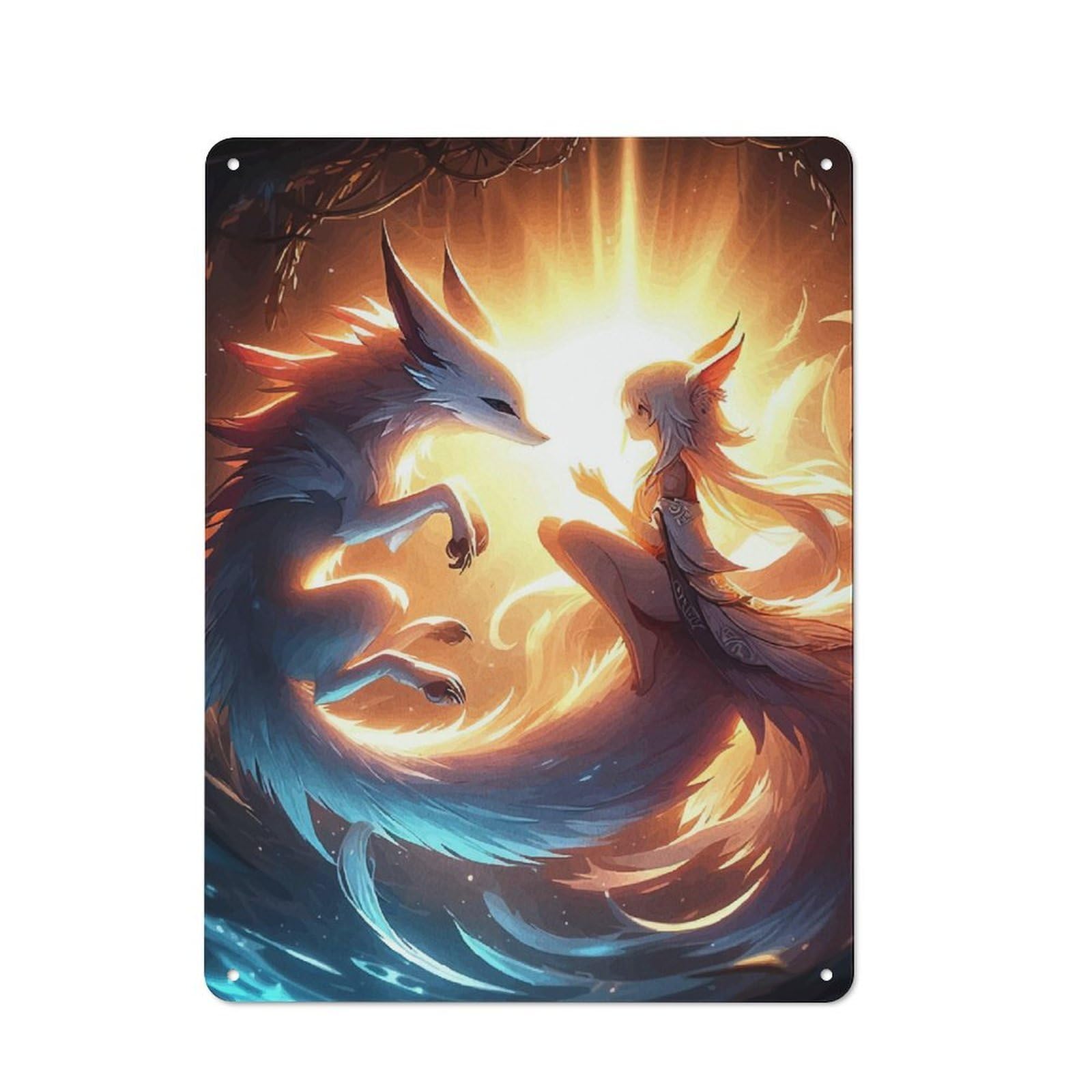 Understated Office Metal Sign 40x30cm Featuring Anime Girl And Fox Spirit, Studio Wall Plaque for Office, Study, Studio Or Hallway
