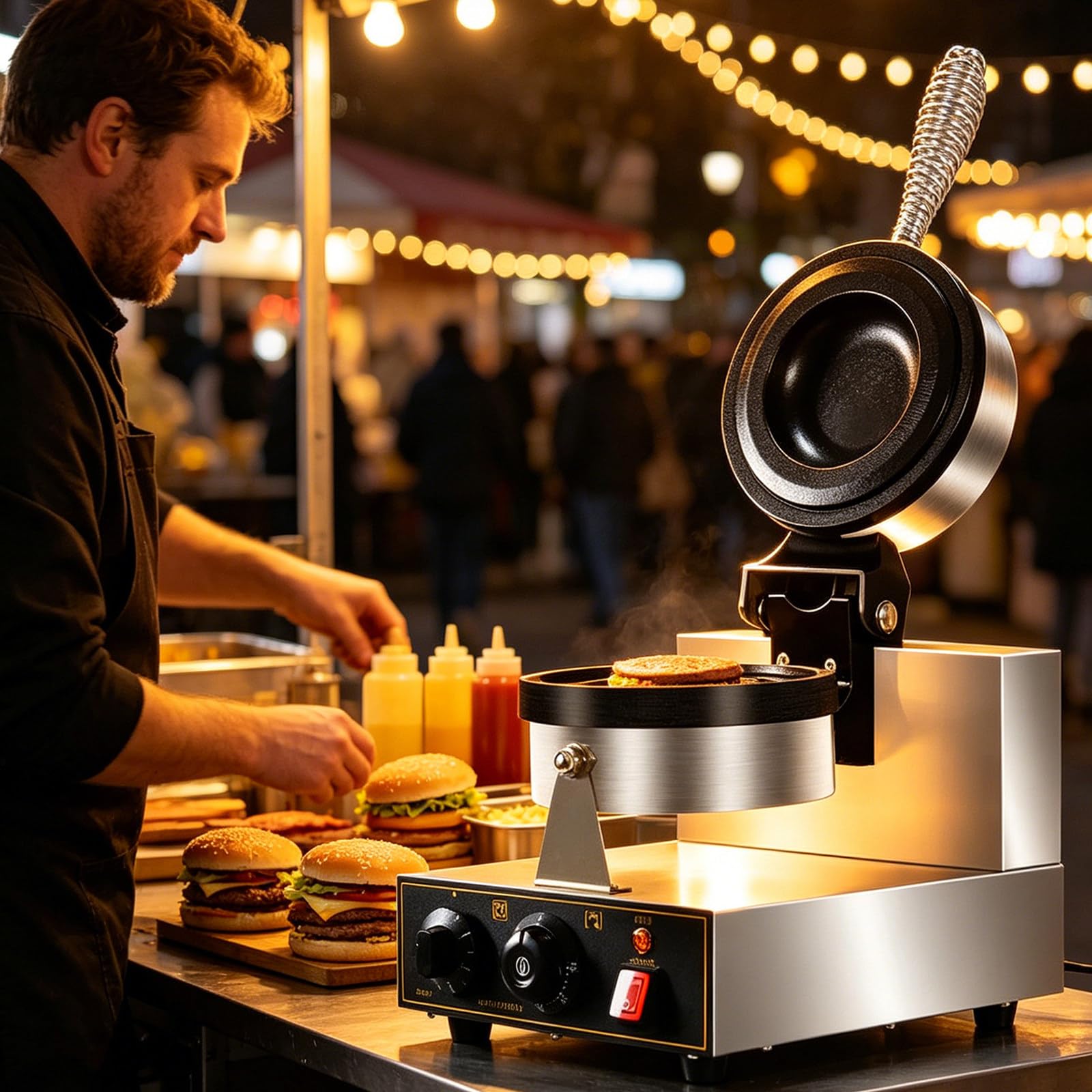 Gaufrier Électrique pour Burgers, Double Face, Plaque Antiadhésive, Idéal pour Les Food Trucks SingleHead